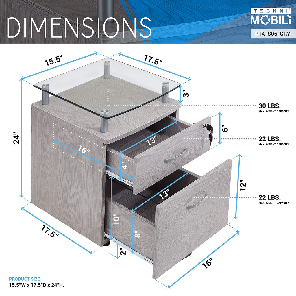 2-Drawer Rolling File Cabinet with Lock and Glass Top, Under Desk File Cabinet with Wheels, Printer Stand, Grey