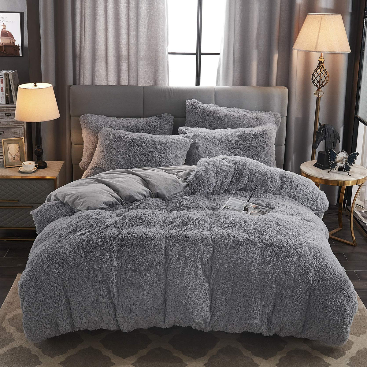 Werdim Shaggy Fluffy Faux Fur Duvet Cover Set Button Closure Velvety Bedding Set Comforter Cover With Pillowcases Light Gray, Ki