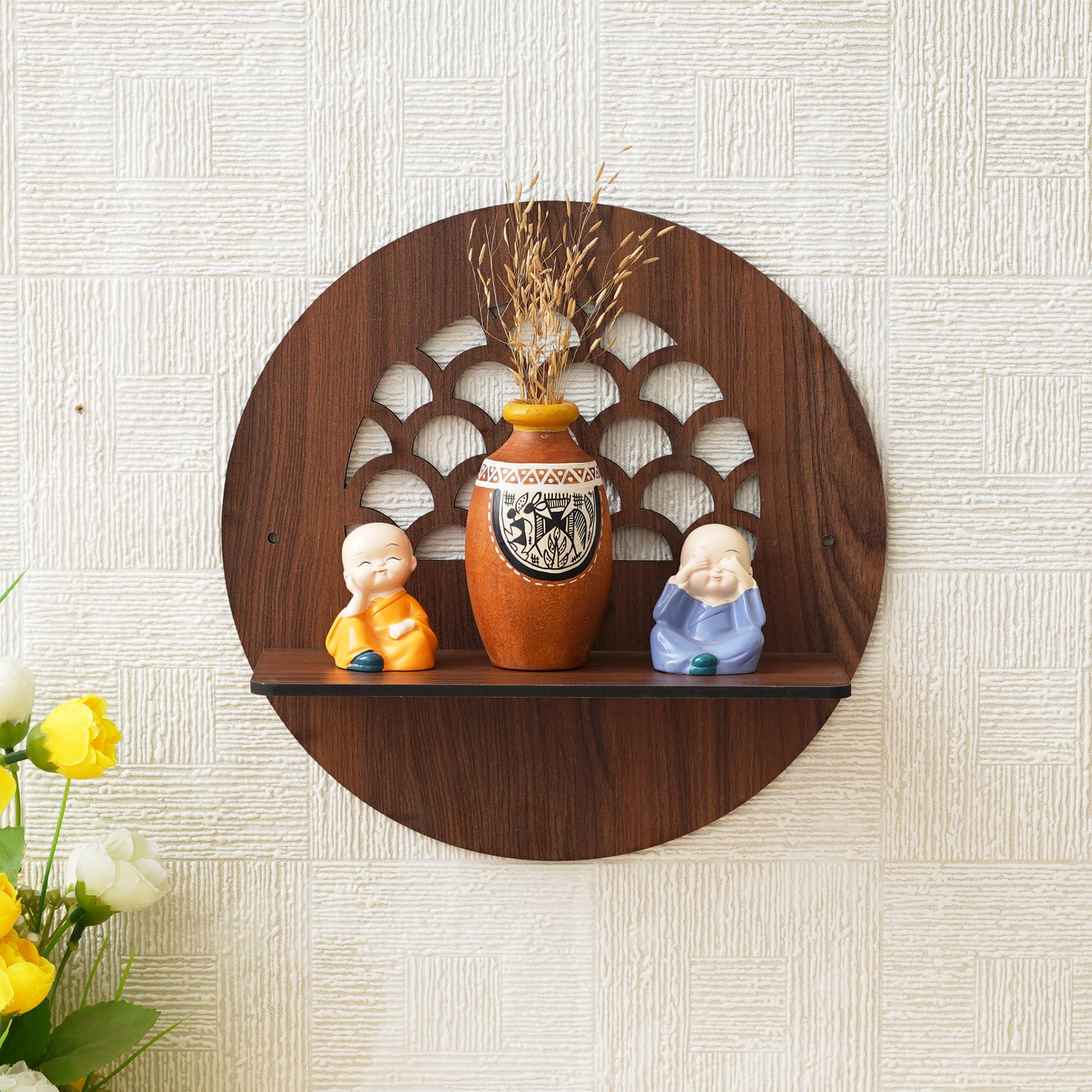 Ecraftindia Brown Round Shape Designer Wooden Wall Shelf | Stylish Home Decor And Storage Solution For Living Room Bedroom Kitch