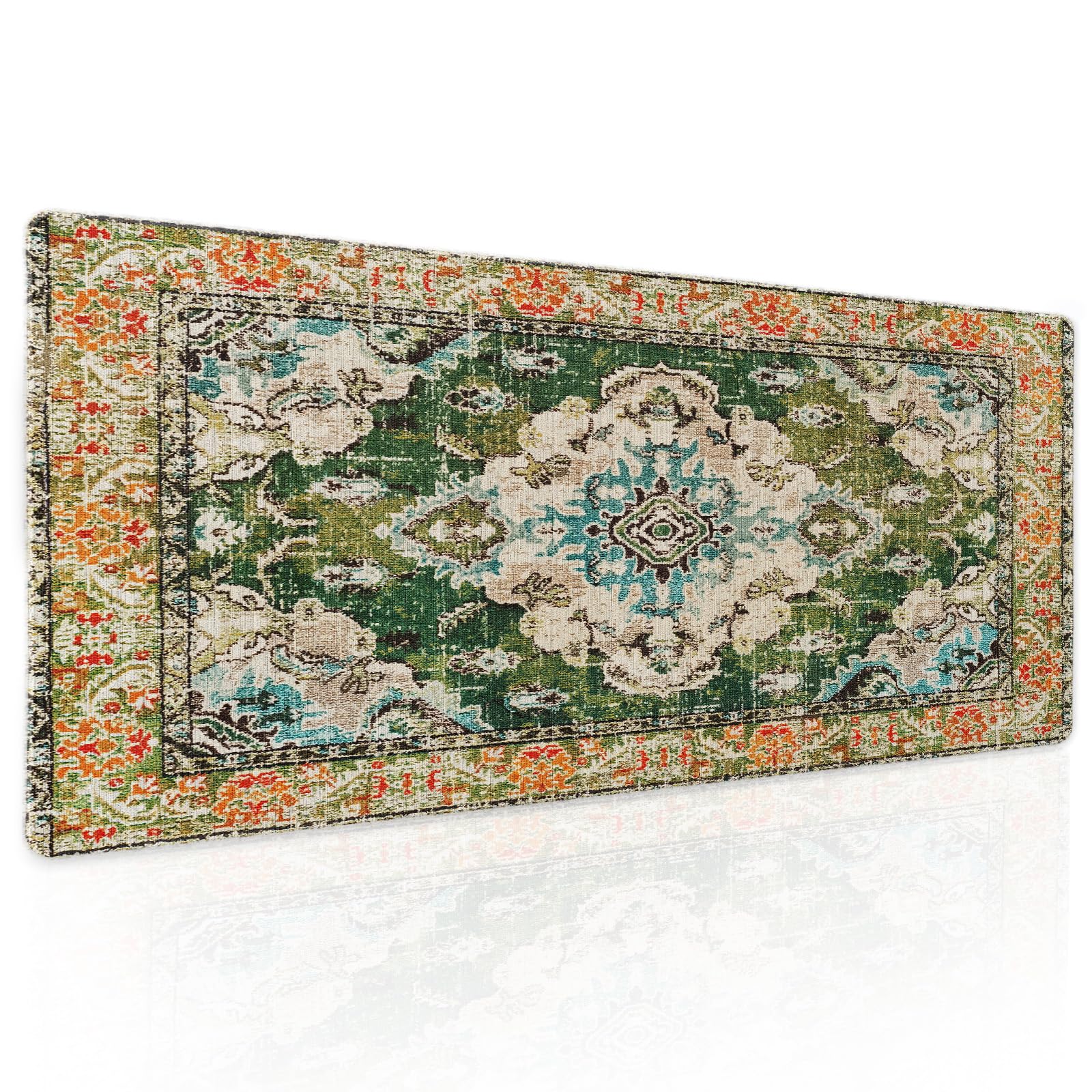 Vintage Rug Mouse Pad Xl Green Orange Retro Carpet Aesthetic Extended Table Mat 80X30 Cm Non-Slip Rubber Base Stitched Edge Larg