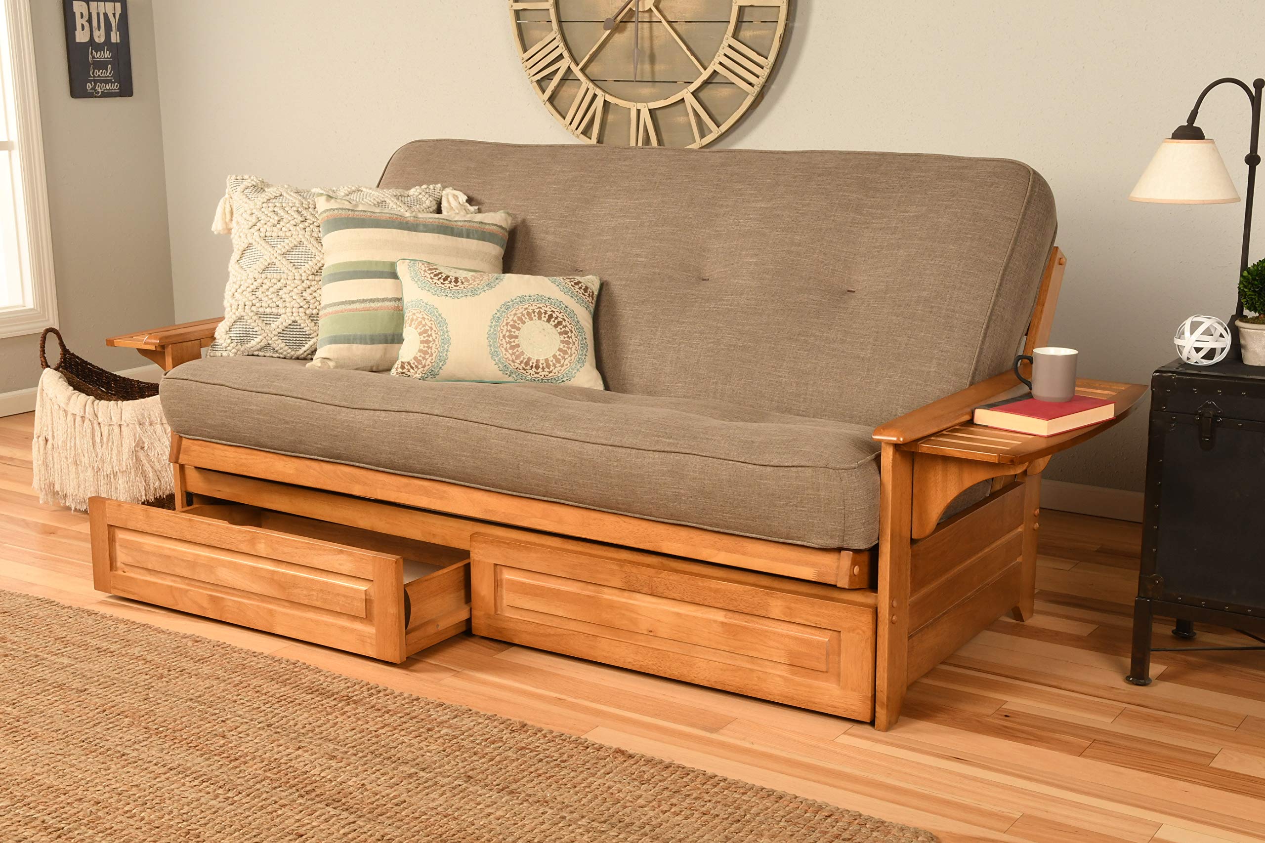 Kodiak Furniture Phoenix Full Size Futon in Butternut Finish with Storage Drawers, Linen Stone