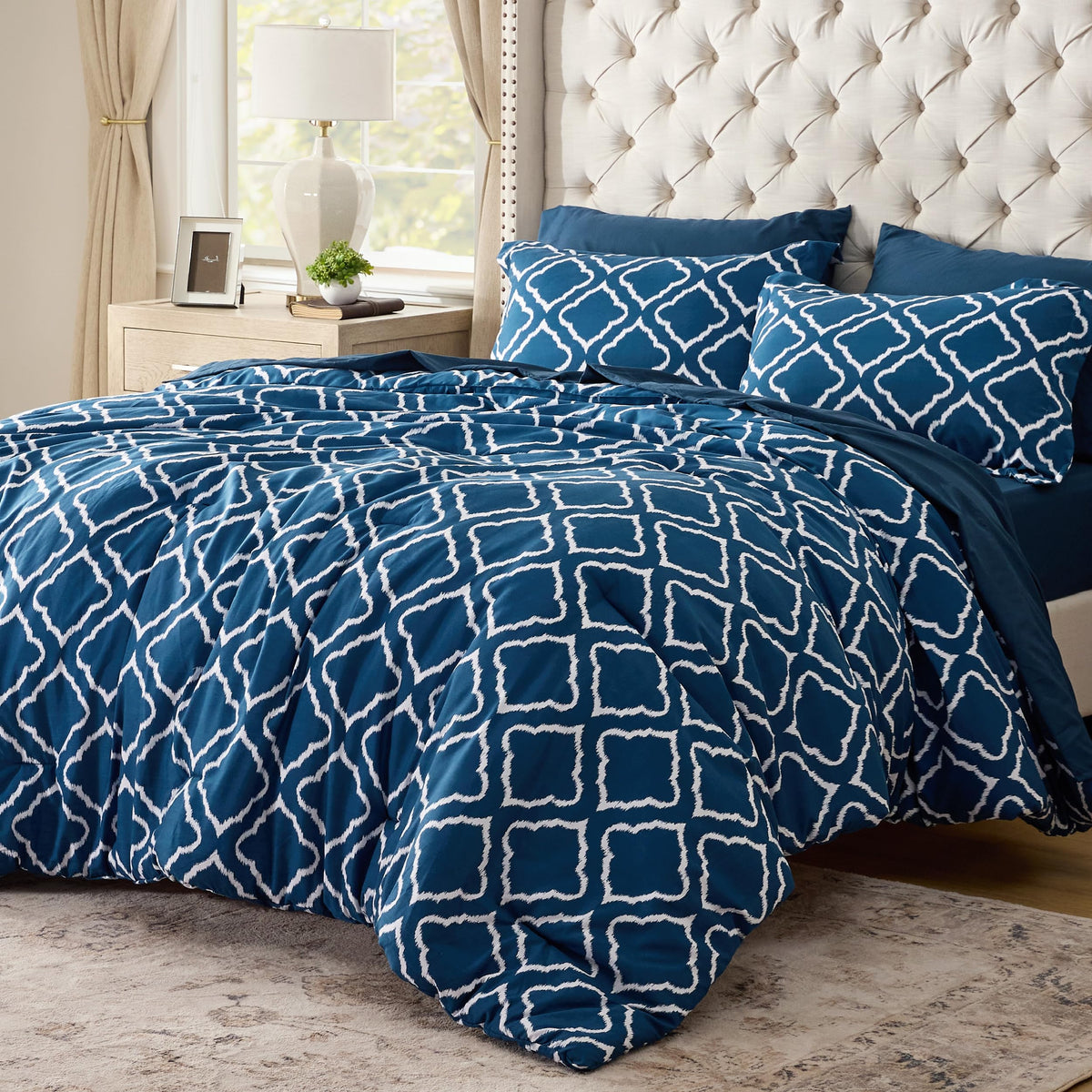 Bedsure Full Comforter Set 7 Pieces - Navy Blue Quatrefoil Comforters Full Size, Lightweight Bedding Sets For All Season, Bed In