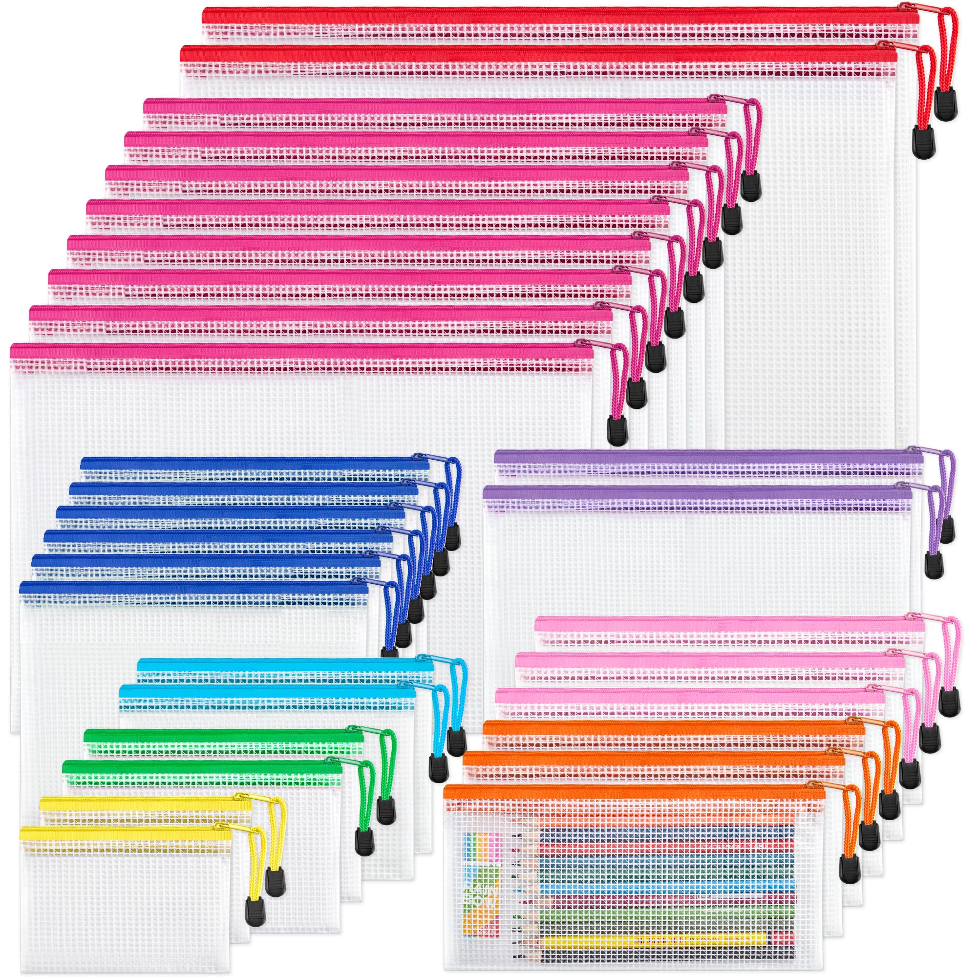 Jarlink 30 Pack 8 Sizes Mesh Pouch, 9 Colors, Waterproof Zipper File Bags Document Multipurpose Travel Bags For Office, School,