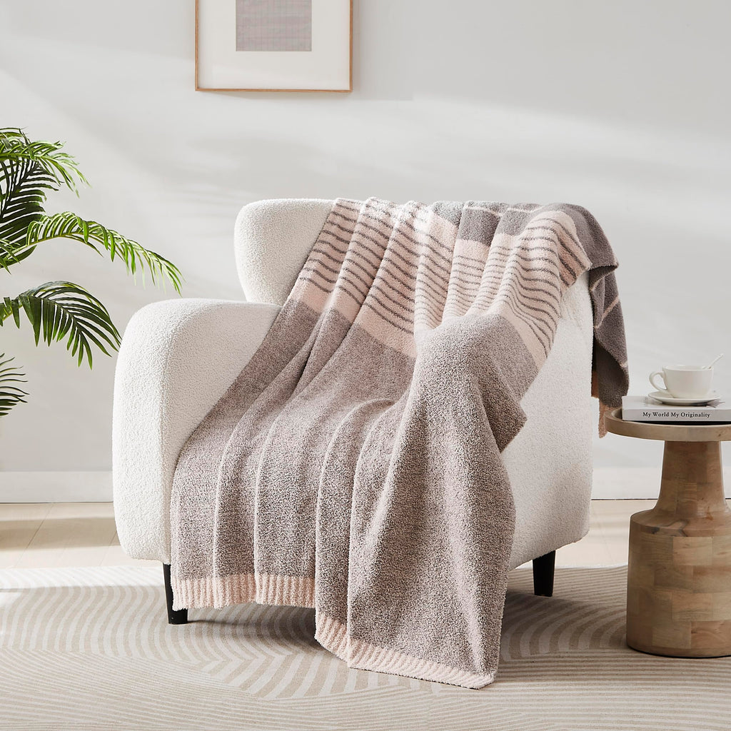 R.Share Pink Striped Throw Blanket 50X70 Inch Reversible, Feather Knit Microfiber Soft Comfy Cozy Lightweight Fluffy Fuzzy Warm