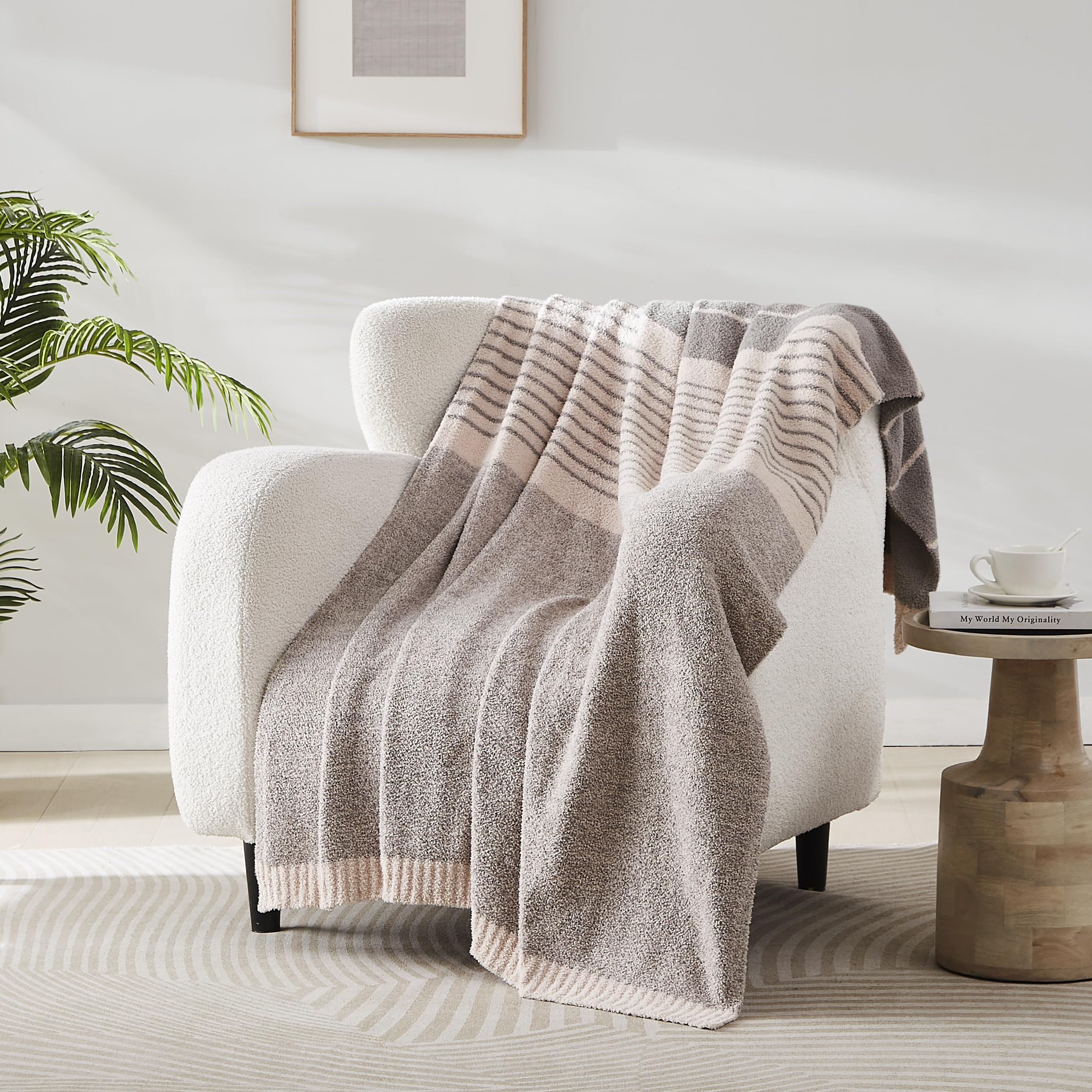 R.Share Pink Striped Throw Blanket 50X70 Inch Reversible, Feather Knit Microfiber Soft Comfy Cozy Lightweight Fluffy Fuzzy Warm