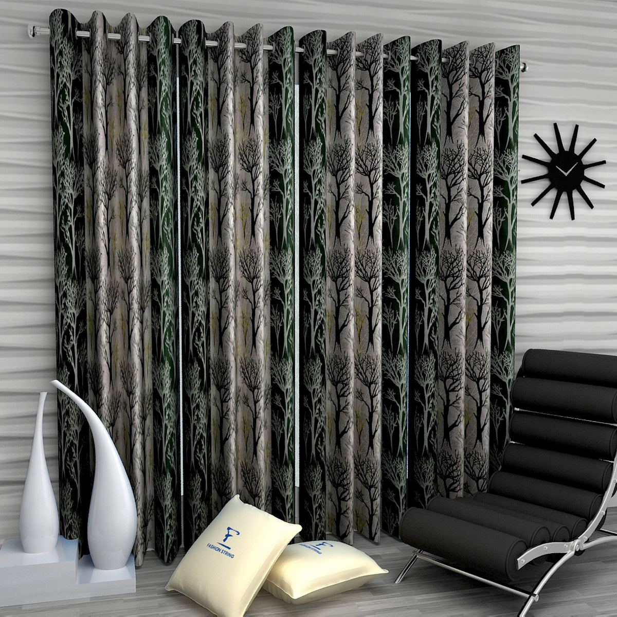 Fashion String 4 Piece Abstract Tree Eyelet Polyester Long Door Curtains  9 Feet, Green, Grommet Curtains