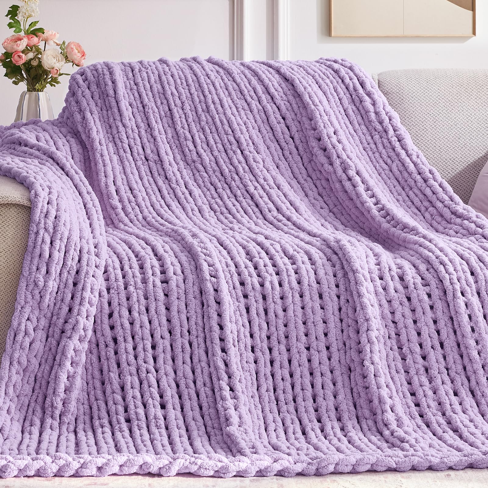 Negwoo Chunky Knit Throw Blanket, 40'*50' Knitted Throw Blankets For Bed Couch, Handmade Thick Light Purple Crochet Blanket Bi
