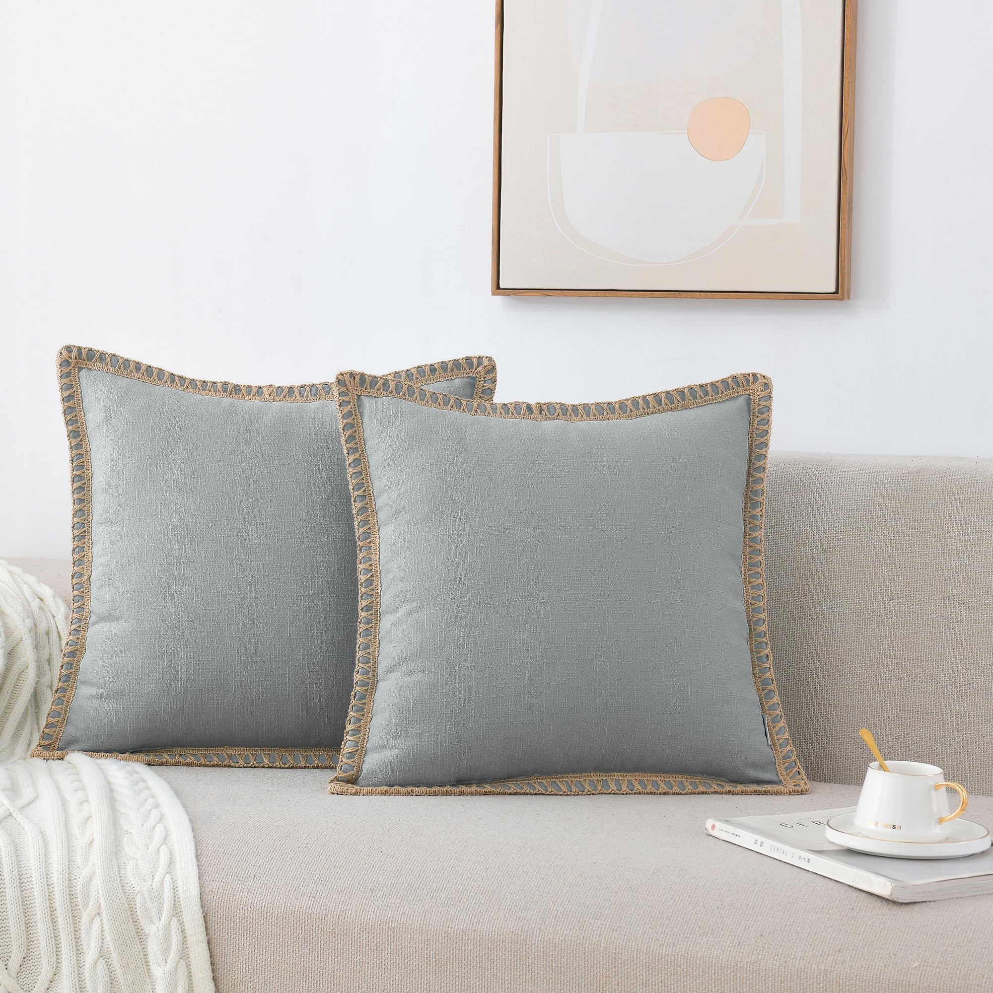 Nordeco Home Set Of 2 Throw Pillow Covers - Burlap Linen Trimmed Tailored Edges Decorative Cushion Covers For Bed Home Decoratio