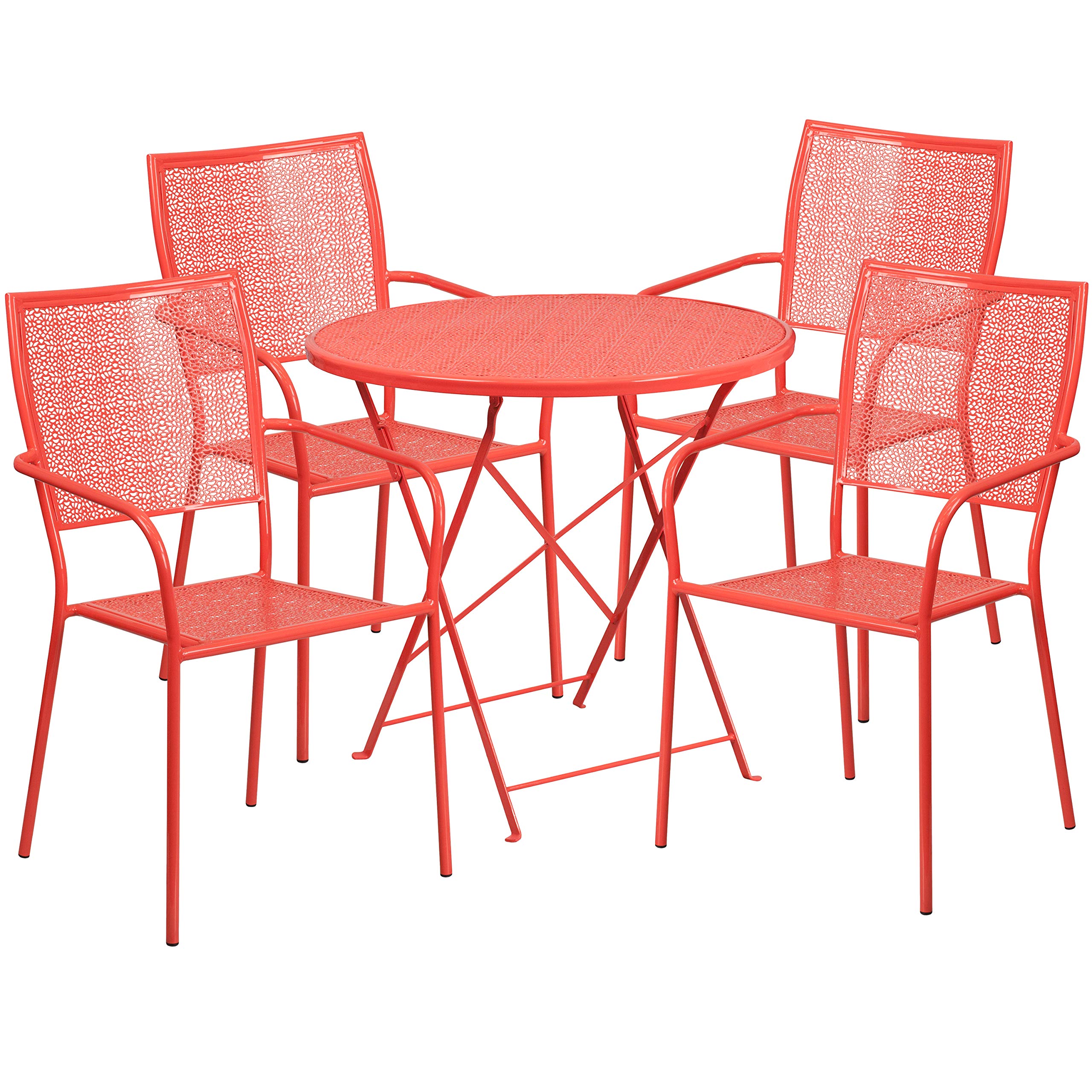Flash Furniture Oia Commercial Grade 30&quot; Round Coral Indoor-Outdoor Steel Folding Patio Table Set with 4 Square Back Chairs