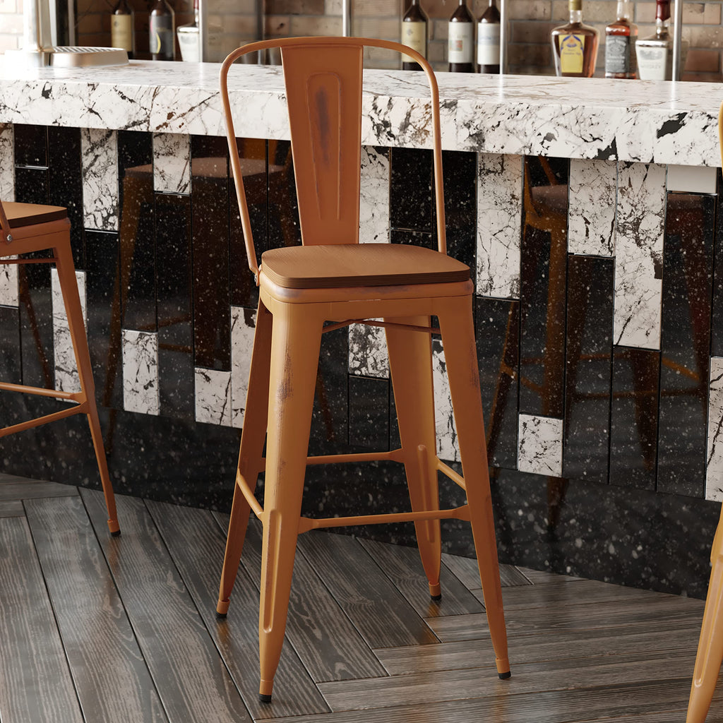 Flash Furniture Carly Commercial Grade 30" High Orange Metal Indoor-Outdoor Bar Height Stool with Back and Teak Polystyrene Seat