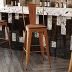 Flash Furniture Carly Commercial Grade 30" High Orange Metal Indoor-Outdoor Bar Height Stool with Back and Teak Polystyrene Seat