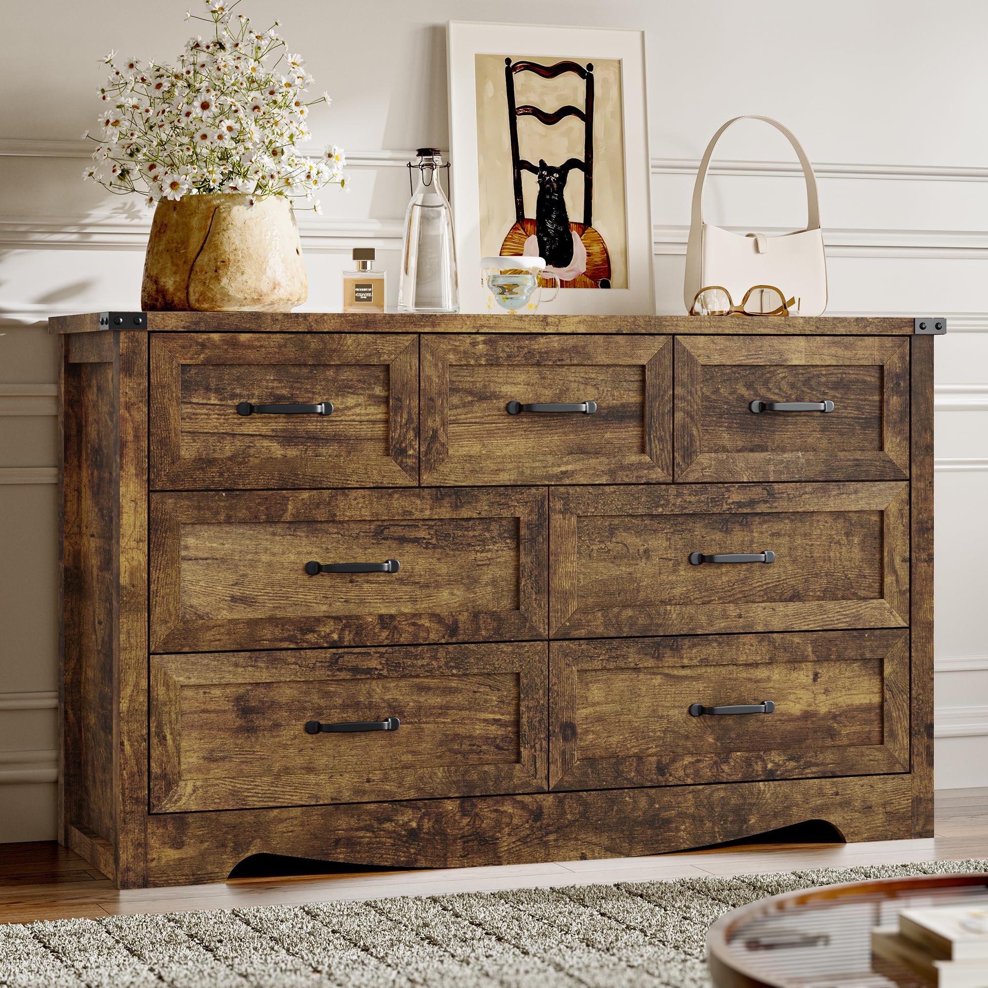 Bornoon 7-Drawer Dresser For Bedroom, Modern Wooden Chest Of Drawers With Metal Handles, Anti-Tipping Design, Sturdy And Stable