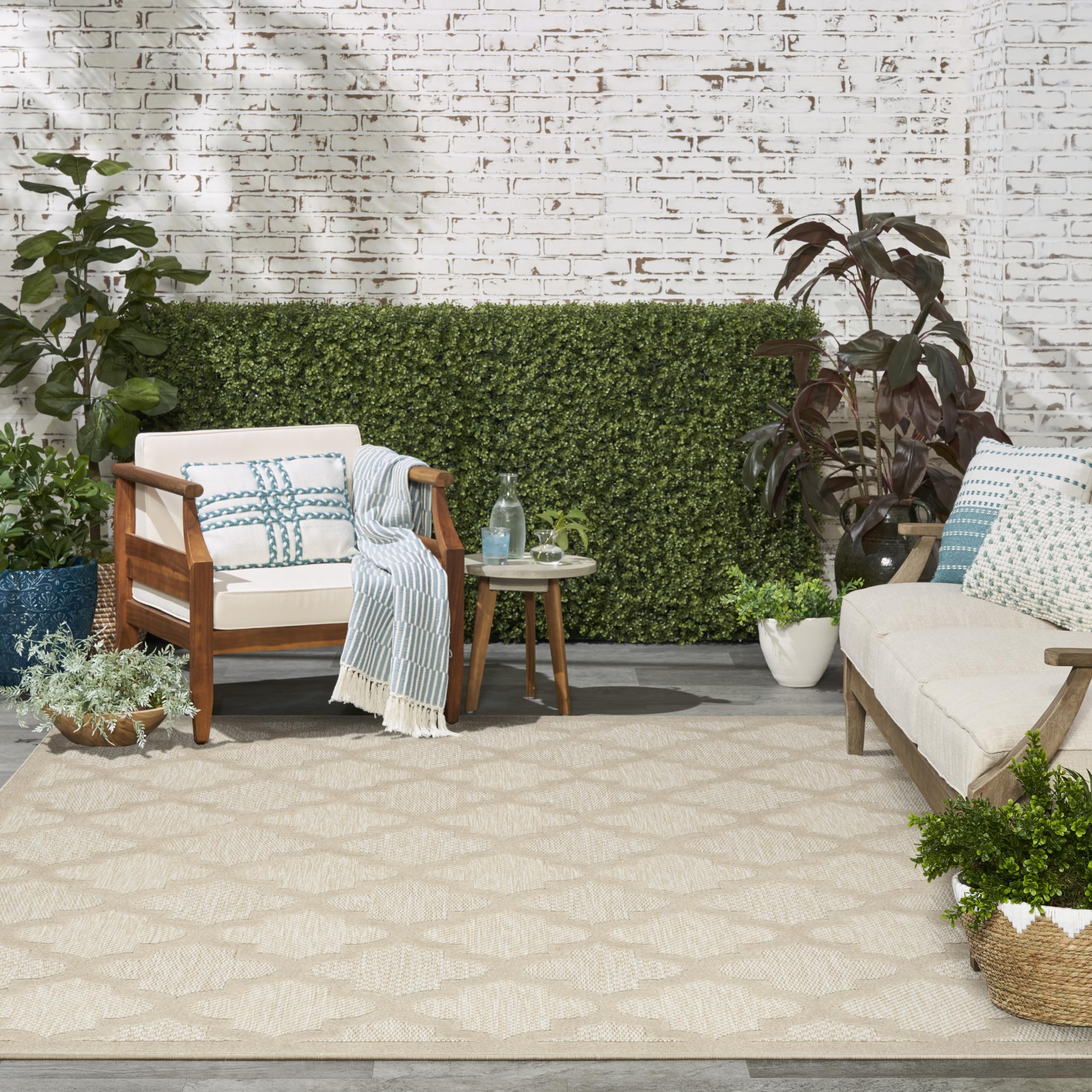 Nourison Easy Care Modern Indoor/Outdoor Cream 8' X 10' Area Rug, Easy Cleaning, Non Shedding, Bed Room, Living Room, Dining Room, Backyard, Deck, Patio (8X10)