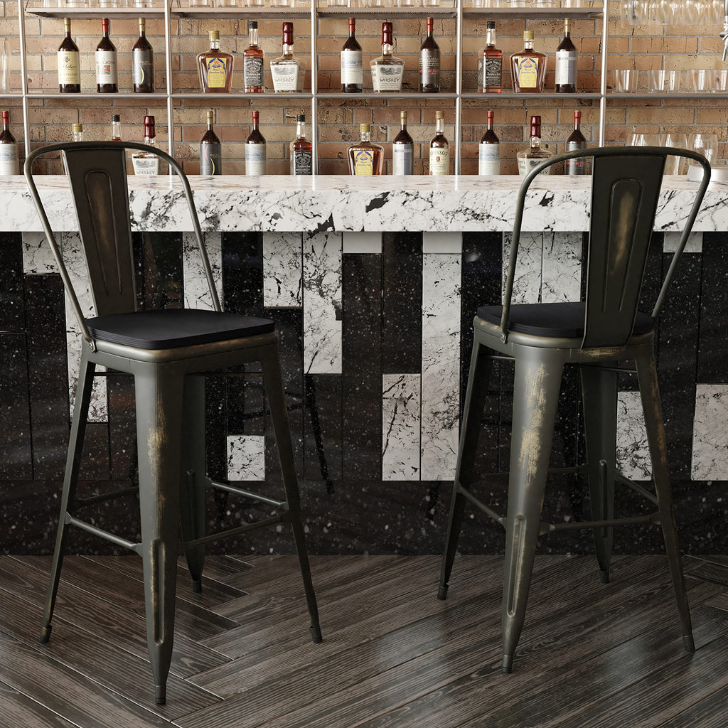 Flash Furniture Carly Commercial Grade 30&Quot; High Copper Metal Indoor-Outdoor Bar Height Stool With Back And Black Polystyrene Seat
