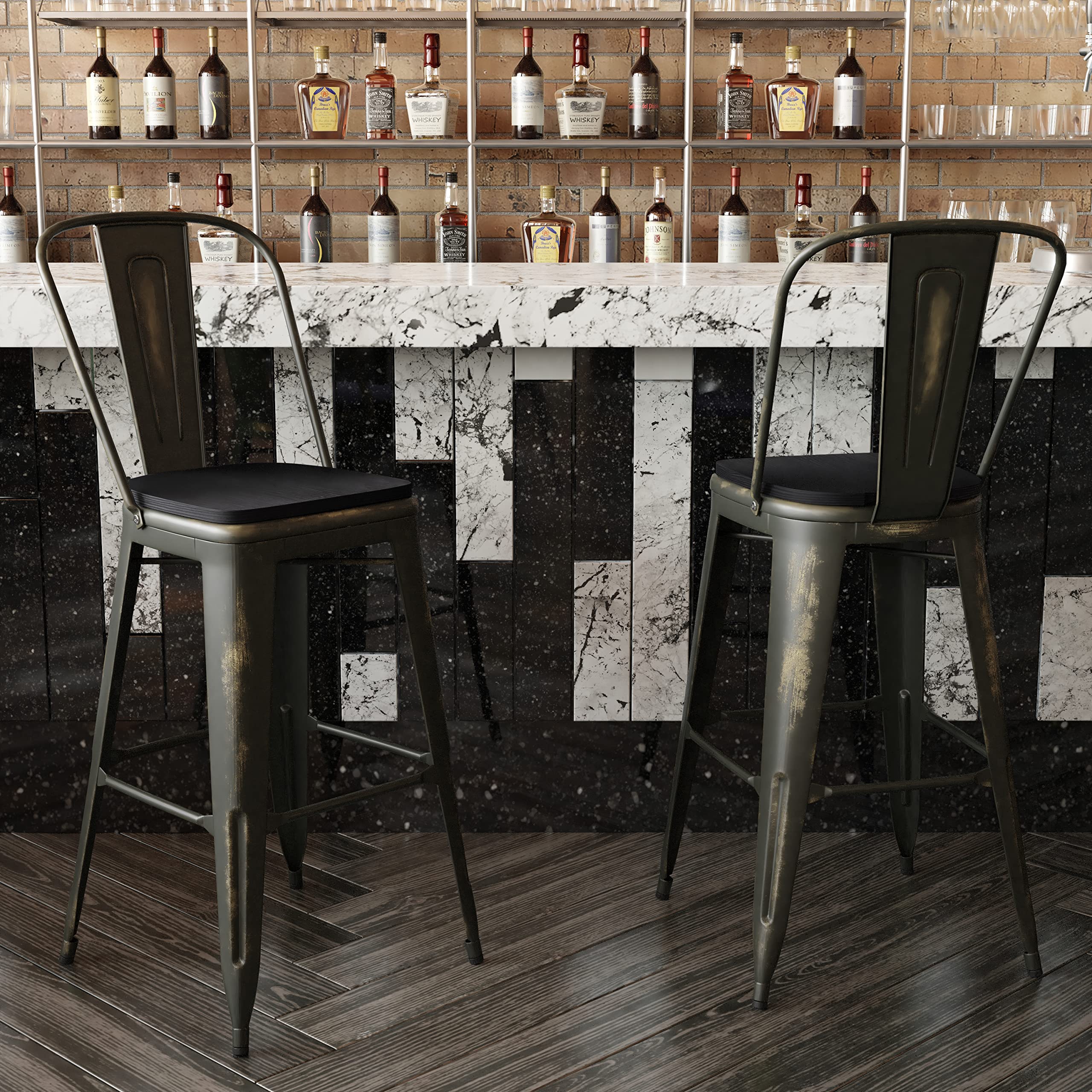 Flash Furniture Carly Commercial Grade 30&Quot; High Copper Metal Indoor-Outdoor Bar Height Stool With Back And Black Polystyrene Seat