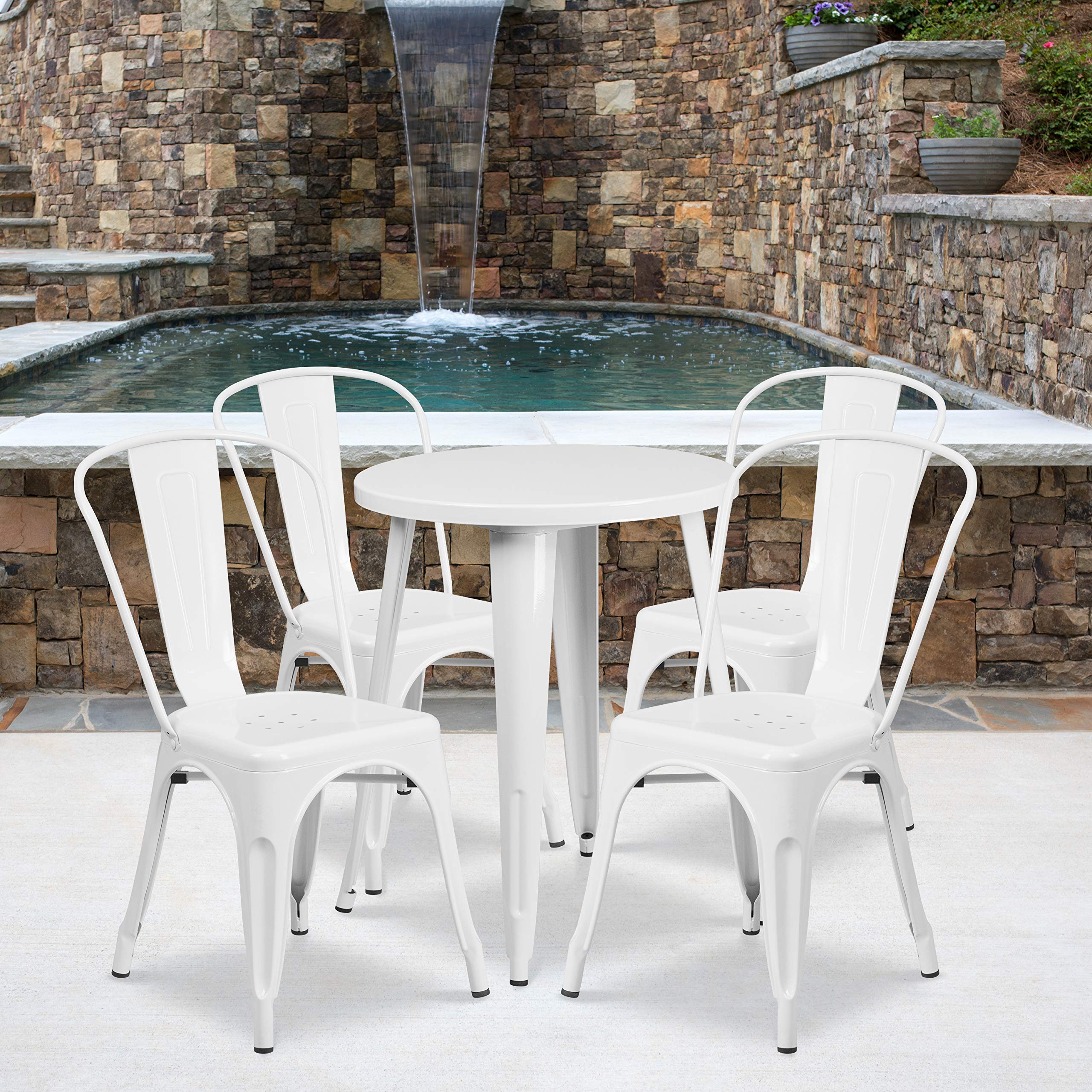 Flash Furniture Chauncey Commercial Grade 24&quot; Round White Metal Indoor-Outdoor Table Set With 4 Cafe Chairs