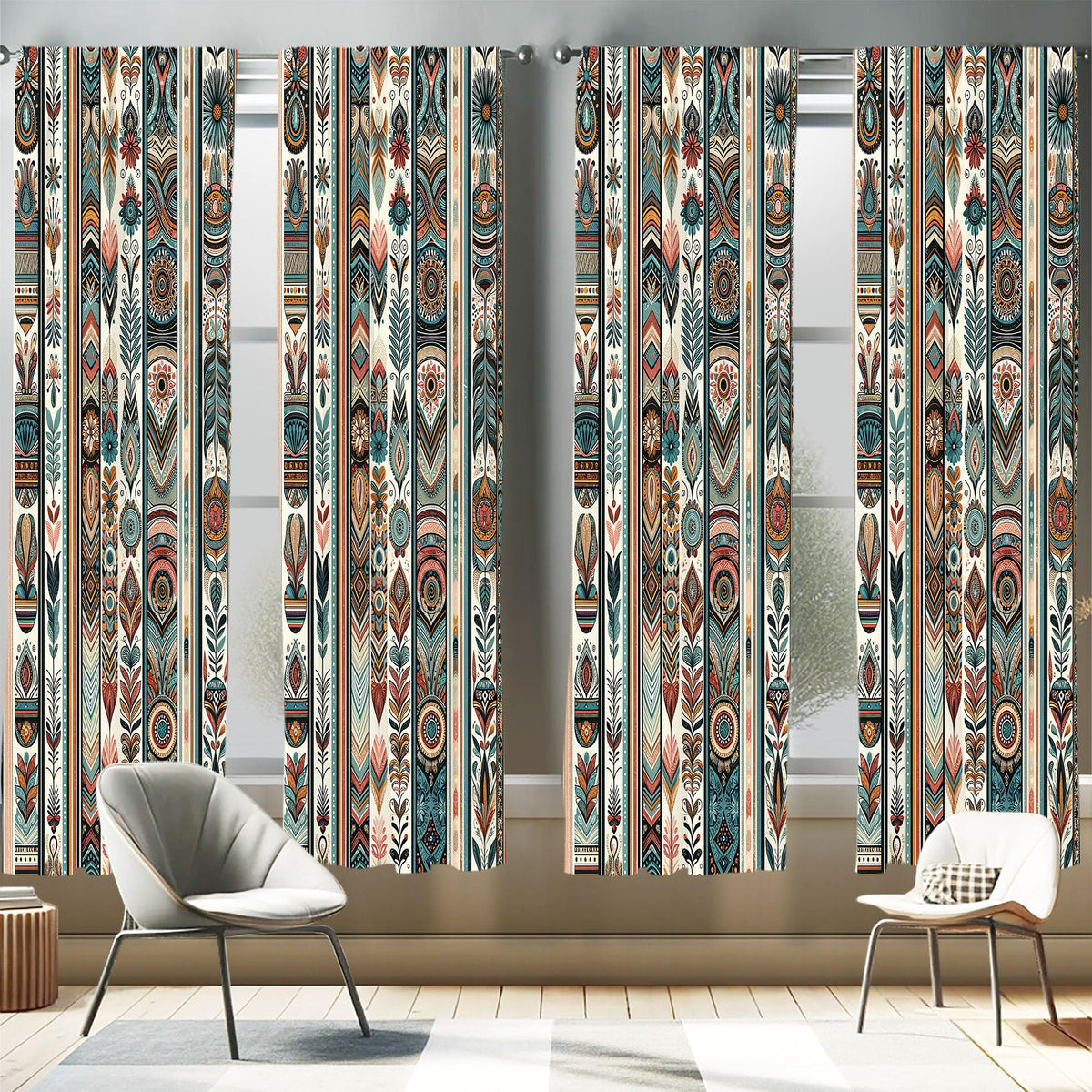 Ambesonne Ethnic Window Curtains Pack Of 2, Folkloric Style Floral Ornaments With Bohemian Oriental Motifs As Stripes, Lightweig