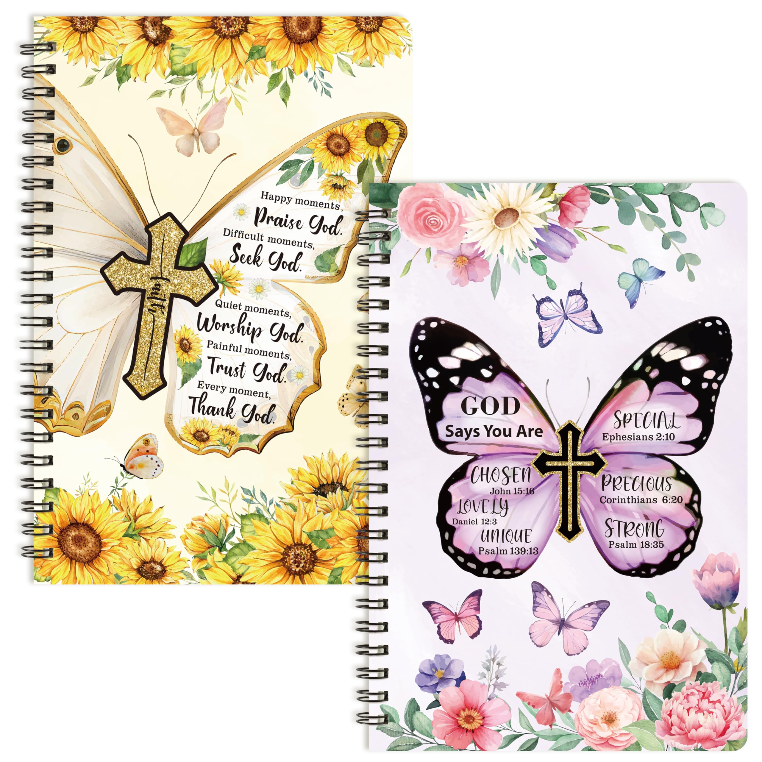 Xqumoi 2Pack A5 Floral Cross Butterfly Religious Spiral Notebooks - God Says You Are Bible Verse Ruled Hardbound Journal Writing