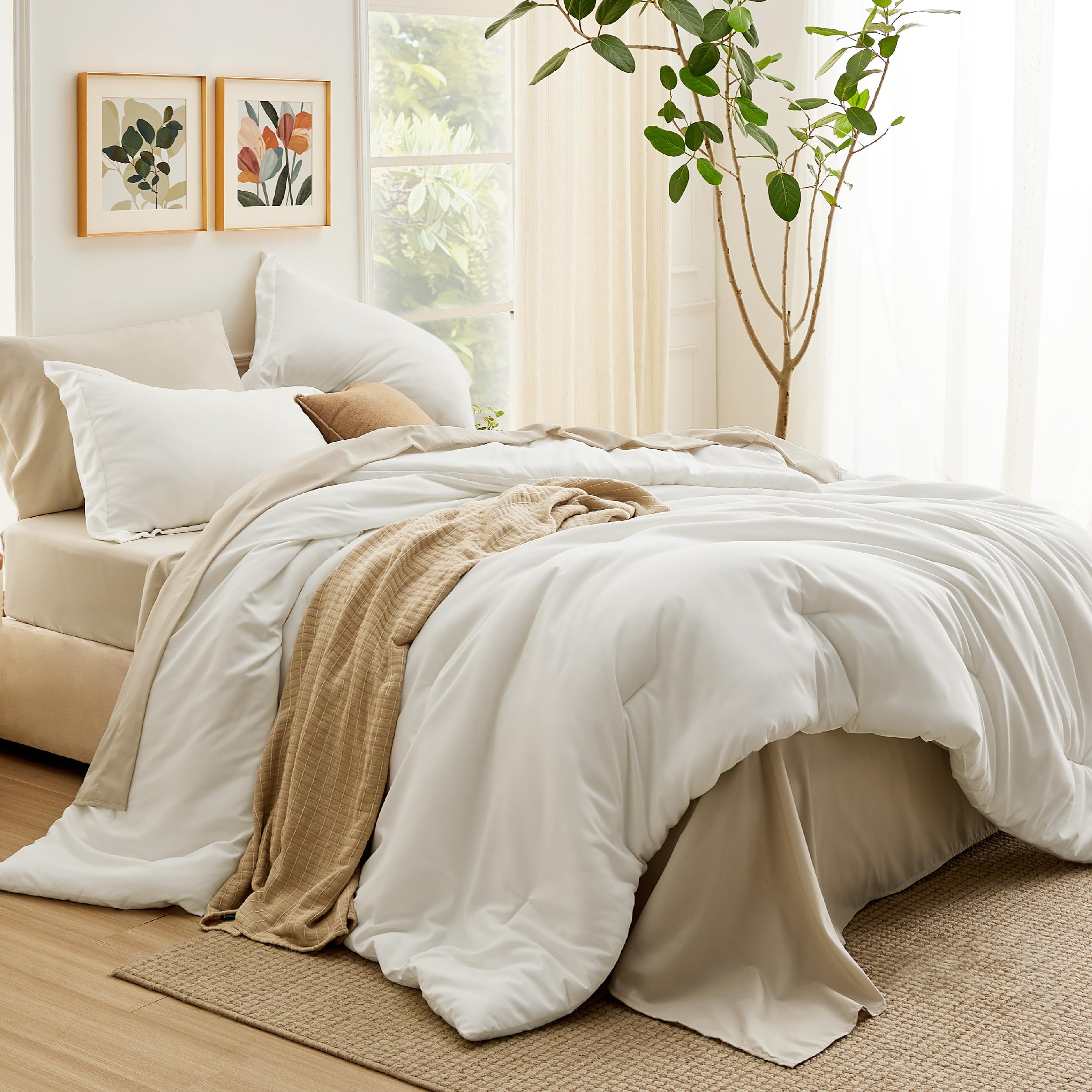 Bedsure Twin Comforter Set - 5 Pieces White Twin Bedding Set For All Seasons, Boho Contrasting Design Bed In A Bag With Comforter, Sheets, Pillowcase & Sham
