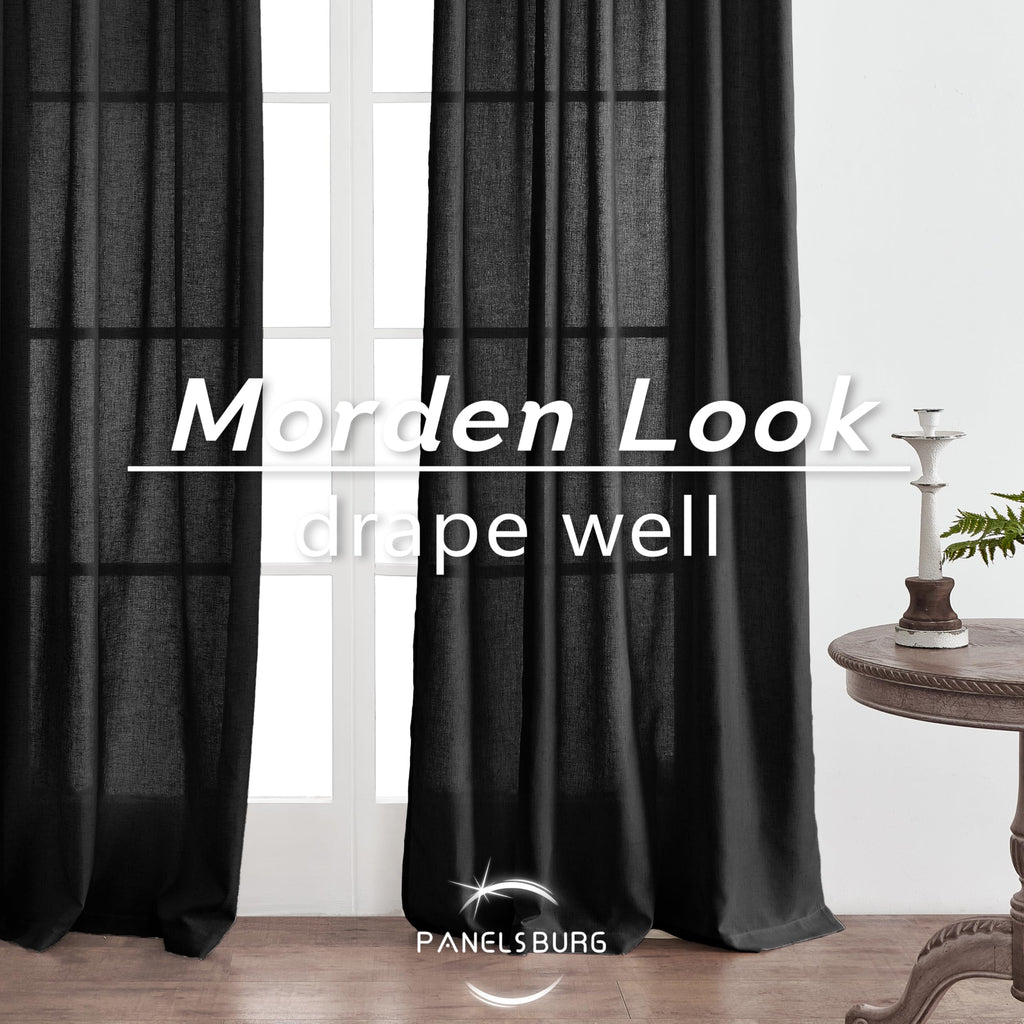 Panelsburg Black Linen Curtains 96 Inches Long,Light Filtering Farmhouse Linen Sheer Curtains For Living Room,96 Inch Curtains 2