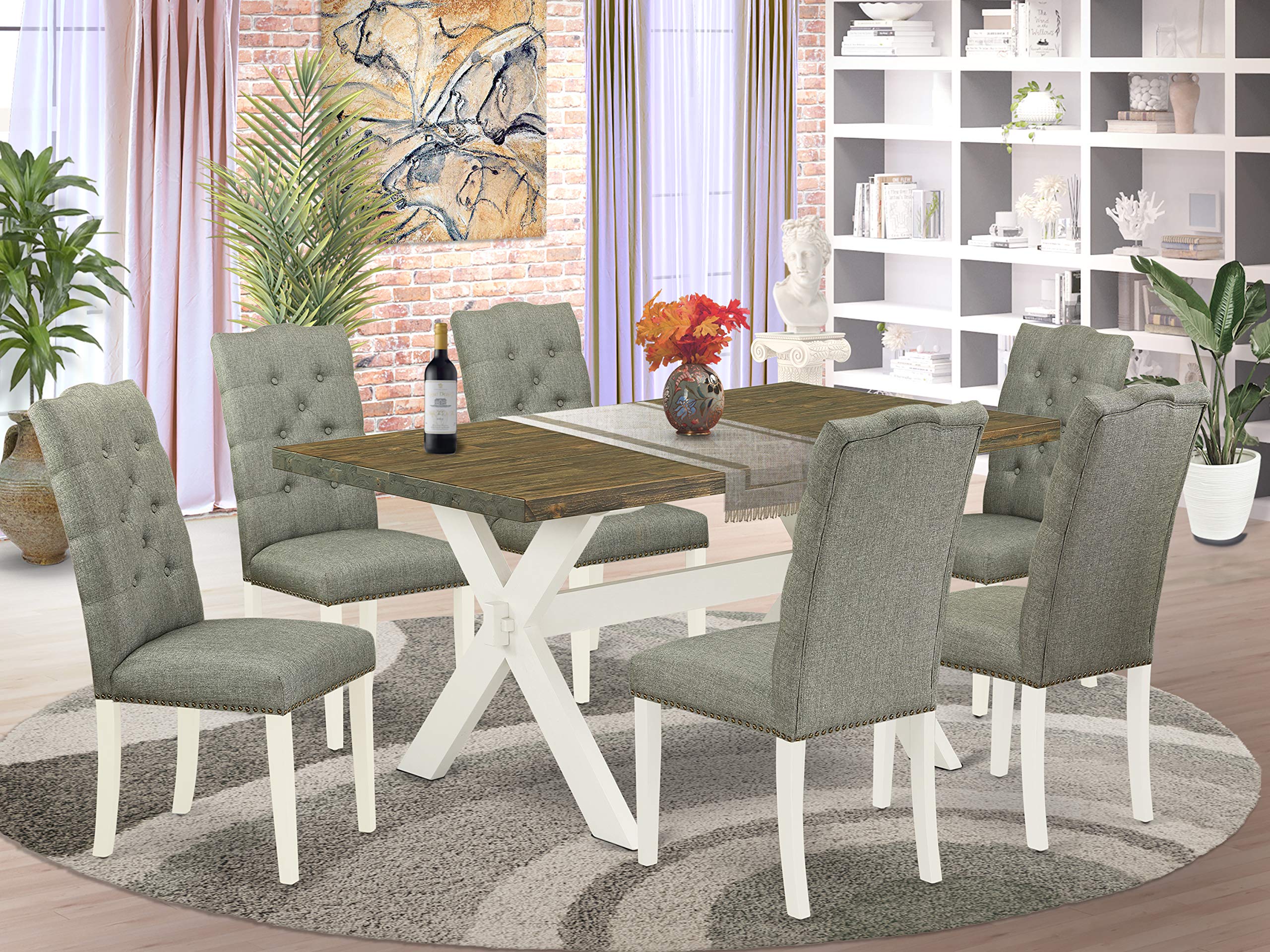 East West Furniture X076El207-7 7 Piece Modern Dining Table Set Consist Of A Rectangle Wooden Table With X-Legs And 6 Gray Linen Fabric Parson Dining Chairs, 36X60 Inch, Multi-Color