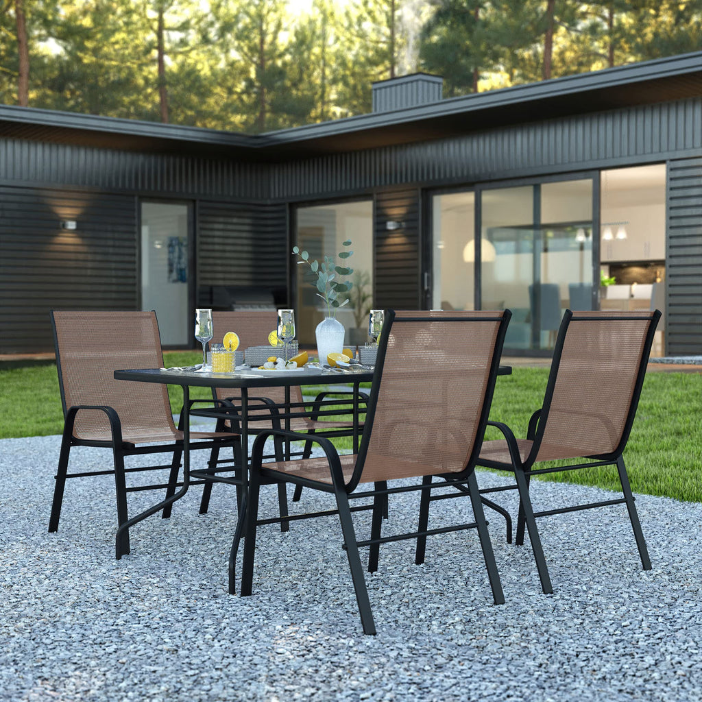 Flash Furniture Brazos 5 Piece Outdoor Patio Dining Set - 4 Brown Flex Comfort Stack Chairs - 55" Tempered Glass Patio Table with Umbrella Hole