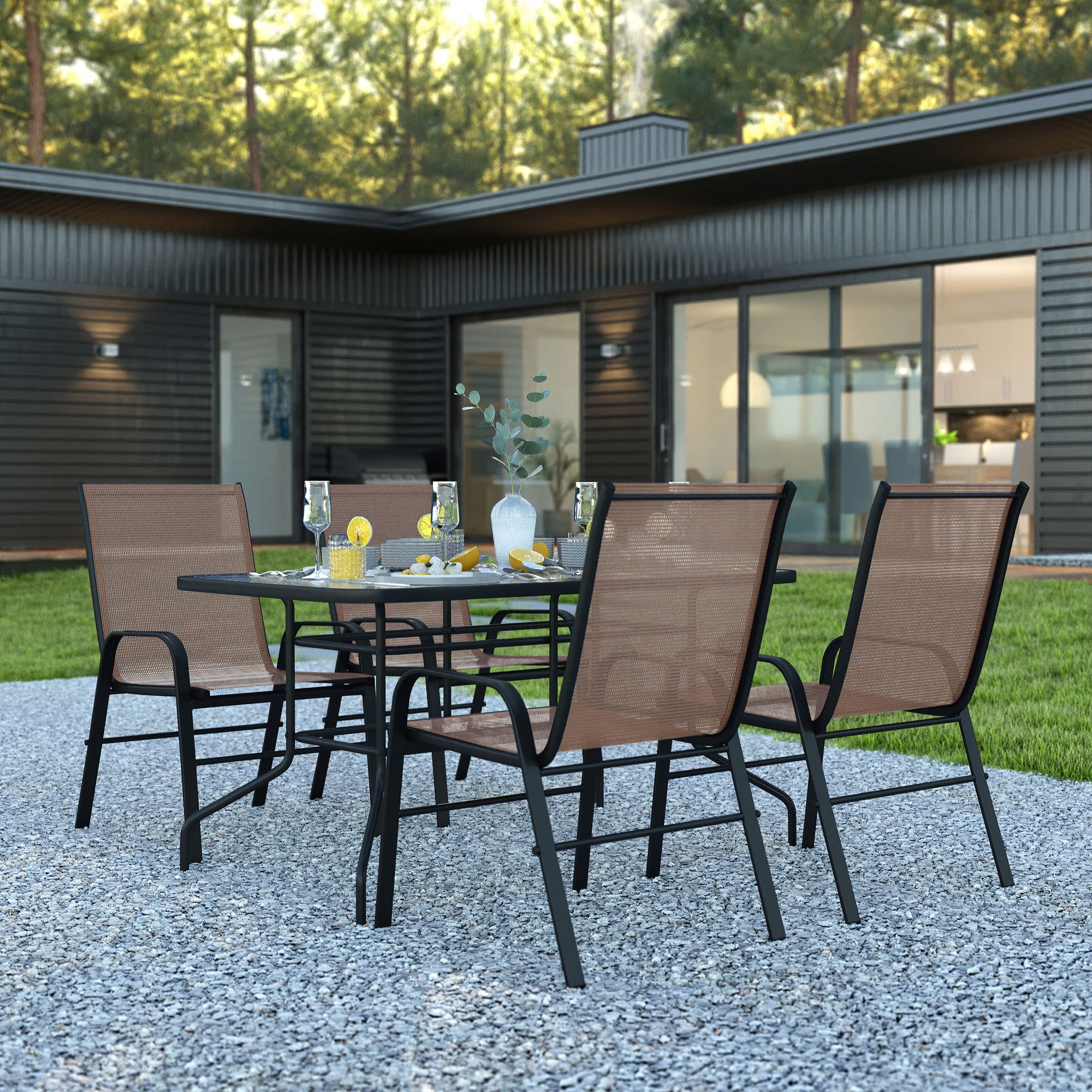Flash Furniture Brazos 5 Piece Outdoor Patio Dining Set - 4 Brown Flex Comfort Stack Chairs - 55" Tempered Glass Patio Table with Umbrella Hole