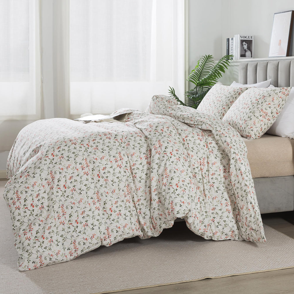 Honeilife Duvet Dover King Size - 100% Cotton Comforter Cover Floral Duvet Cover Sets, Breathable Duvet Cover With Zipper Closur