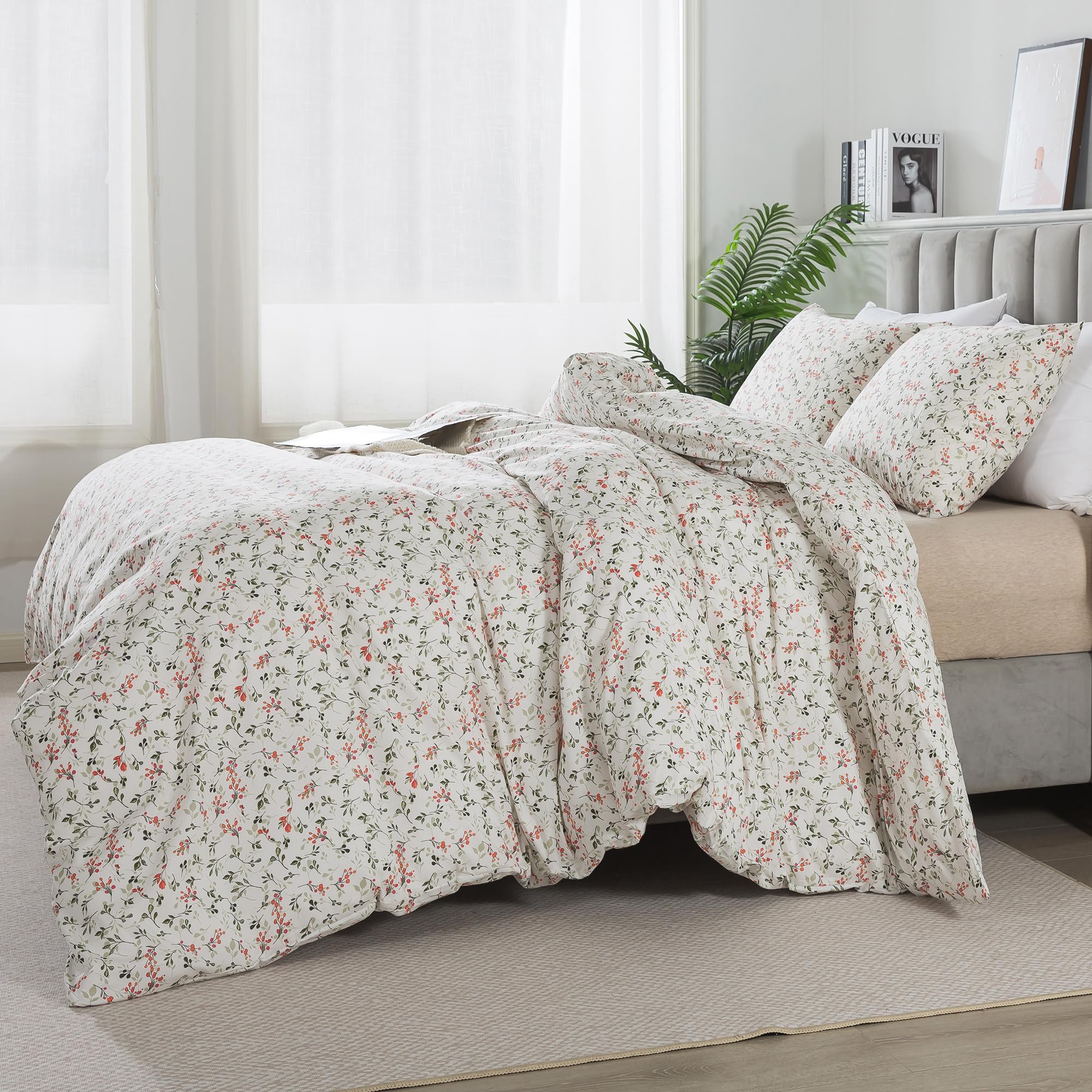 Honeilife Duvet Dover King Size - 100% Cotton Comforter Cover Floral Duvet Cover Sets, Breathable Duvet Cover With Zipper Closur