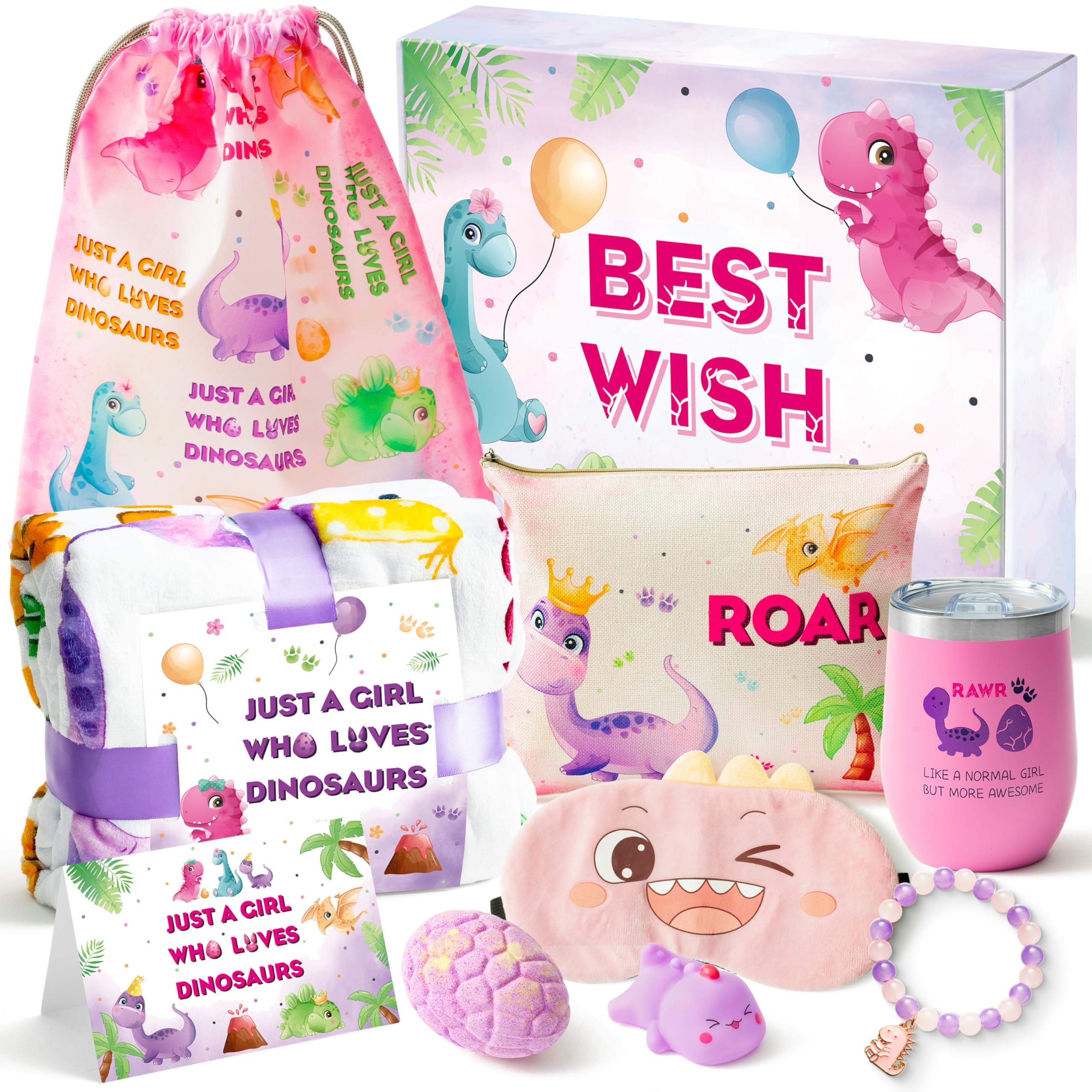 BeYumi Pink Dinosaur Gift for Girls Age 6-8 Birthday Gift Box for 3 4 5 6 7 8 9 10 11 12 Years Old Toddler Girls Basket with Bla