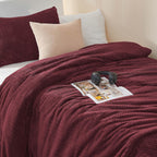 ChiXpace Fluffy Twin Comforter Set - Furry Burgundy Leaves Pattern Faux Fur Bed Set, Winter Ultra Soft Fuzzy Comfort Set, Velvet