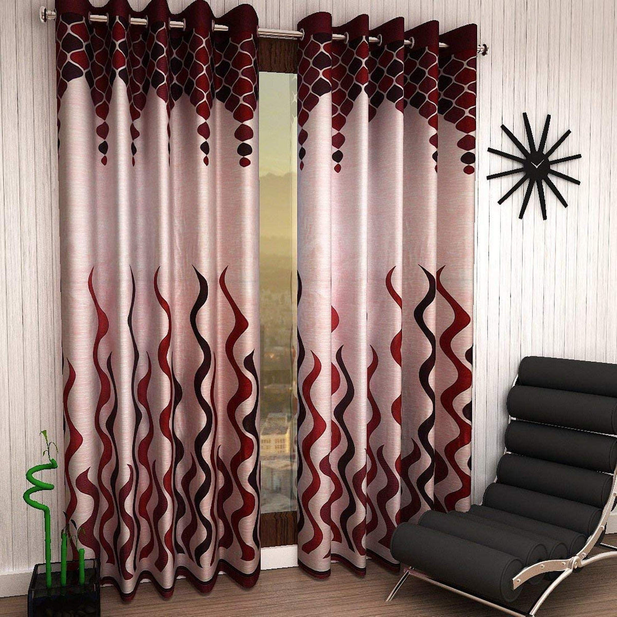 Galaxy Home Decor Modern Wave Panel Polyester Curtains for Window 5 Feet, Pack of 2, Maroon (Maroon, Window 5 Feet)