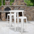 Flash Furniture Commercial Grade 30" Round White Metal Indoor-Outdoor Bar Table Set with 2 Square Seat Backless Stools