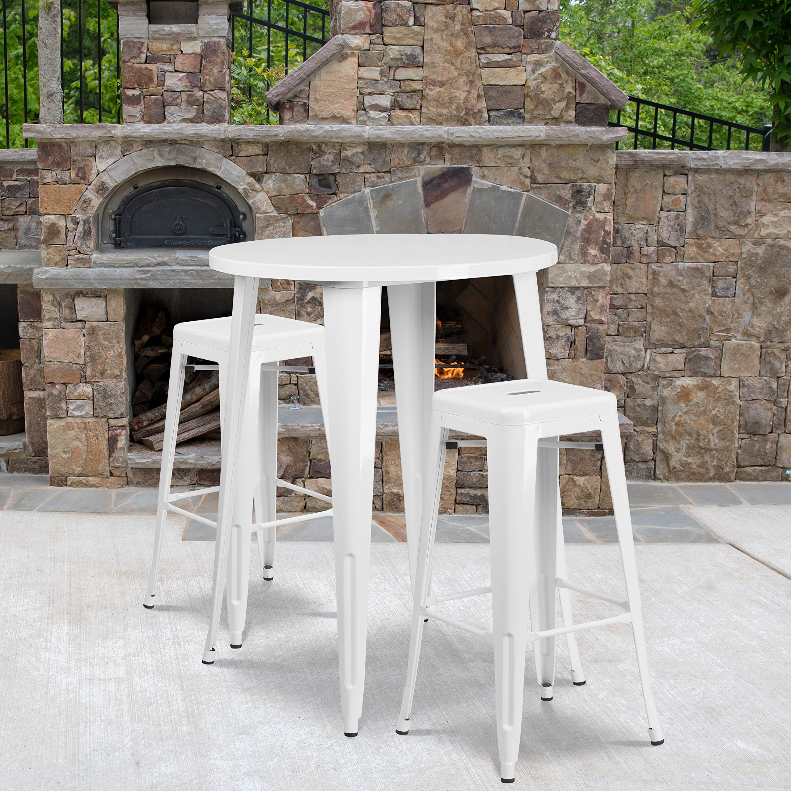 Flash Furniture Commercial Grade 30" Round White Metal Indoor-Outdoor Bar Table Set with 2 Square Seat Backless Stools