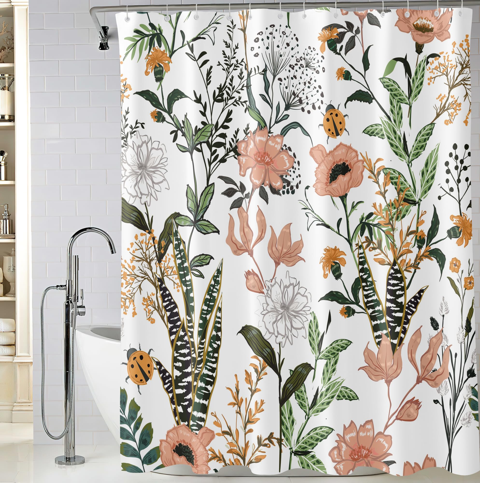 BIVINAR Extra Long Green Boho Floral Shower Curtain 72 x 84 Inch, Flower Leaves Boho Chic Bathroom Curtain, Waterproof Fabric Pl