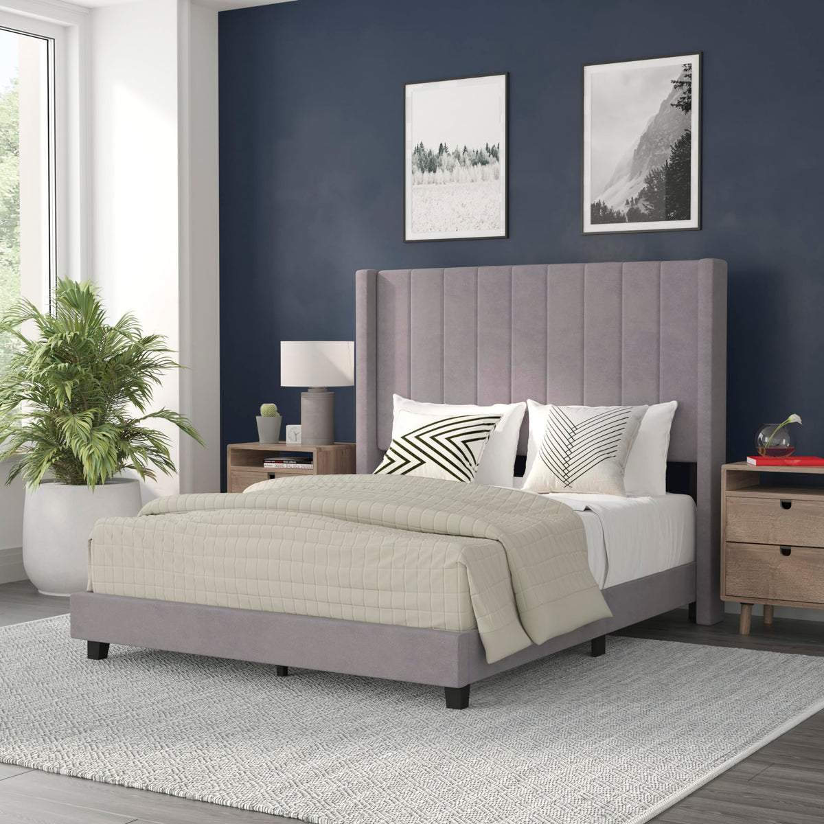 Flash Furniture Bianca Upholstered Platform Bed - Gray Velvet Upholstery - Full - Wingback Headboard - Slatted Mattress Foundation - No Box Spring Needed