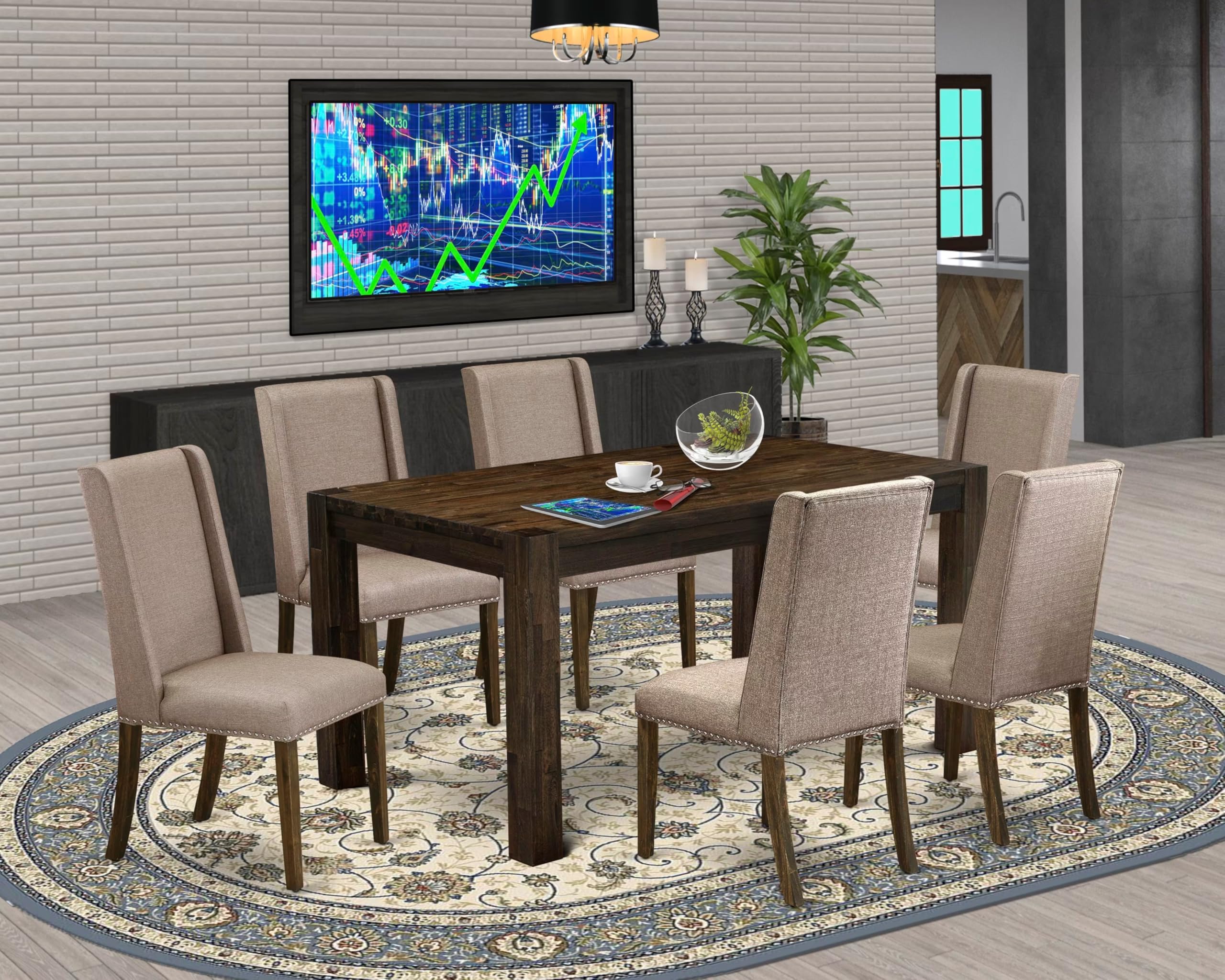 East West Furniture Cnfl7-77-16 7 Piece Kitchen Table Set Consist Of A Rectangle Rustic Wood Dining Table And 6 Dark Khaki Linen Fabric Parson Dining Chairs, 36X60 Inch, Jacobean