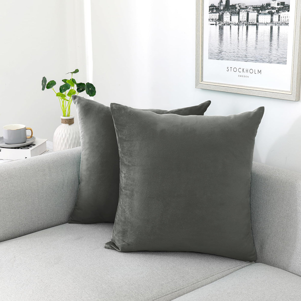 Nini All Decorative Throw Pillow Covers Velvet 16X16 Inch Dark Grey Pack Of 2 Cushion Covers Soft For Couch Sofa Bedroom Living