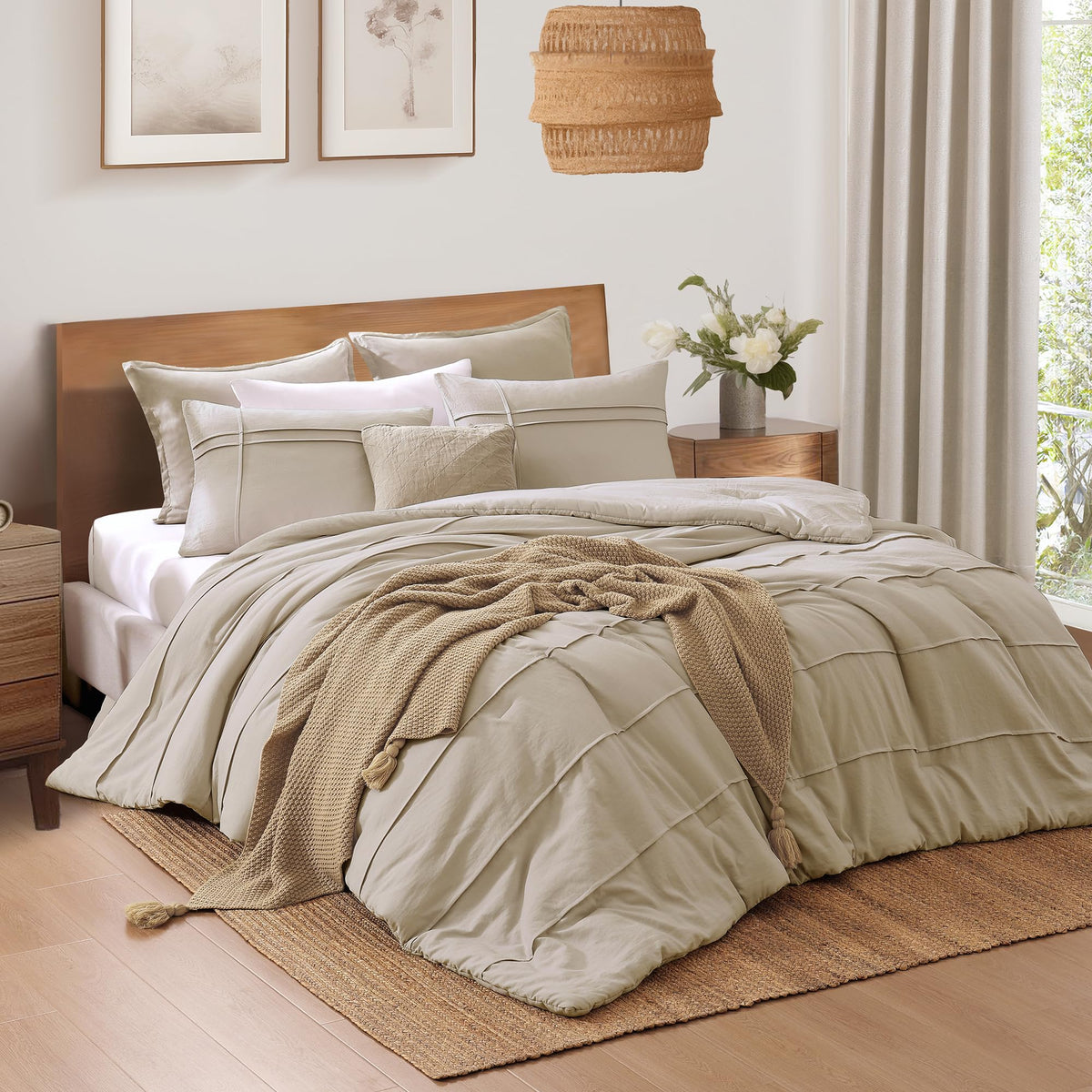 Amberspace Beige Queen Bed Comforter Set, 3 Piece Queen Bed Set With Boho Comforter Sets, Soft Microfiber Warm Queen Bedding Set