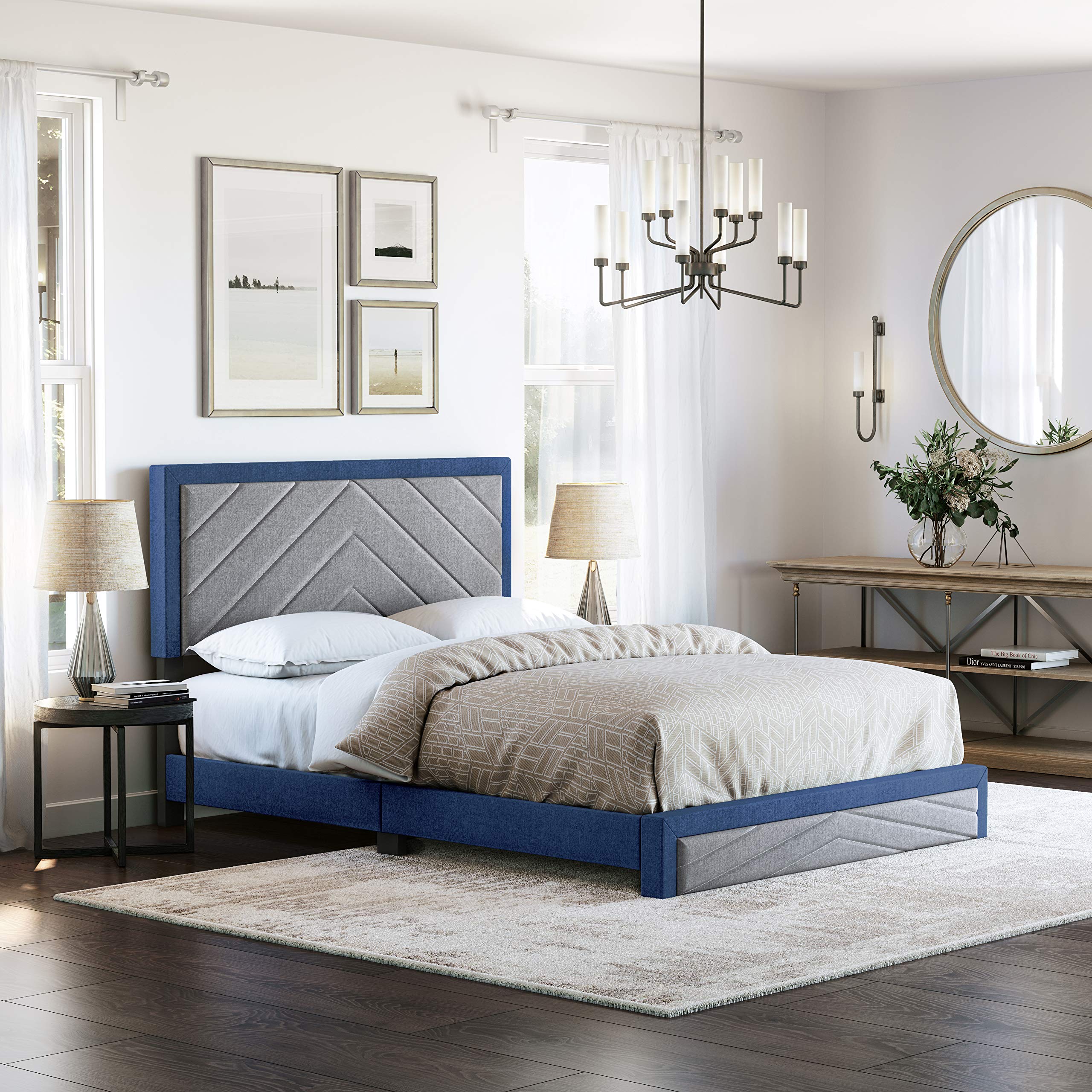 Boyd Sleep Barcelona Upholstered Platform Bed with Headboard and Durable Mattress Foundation with Strong 14 Wood Slat Supports, No BoxSpring Required: Queen, Blue/Gray