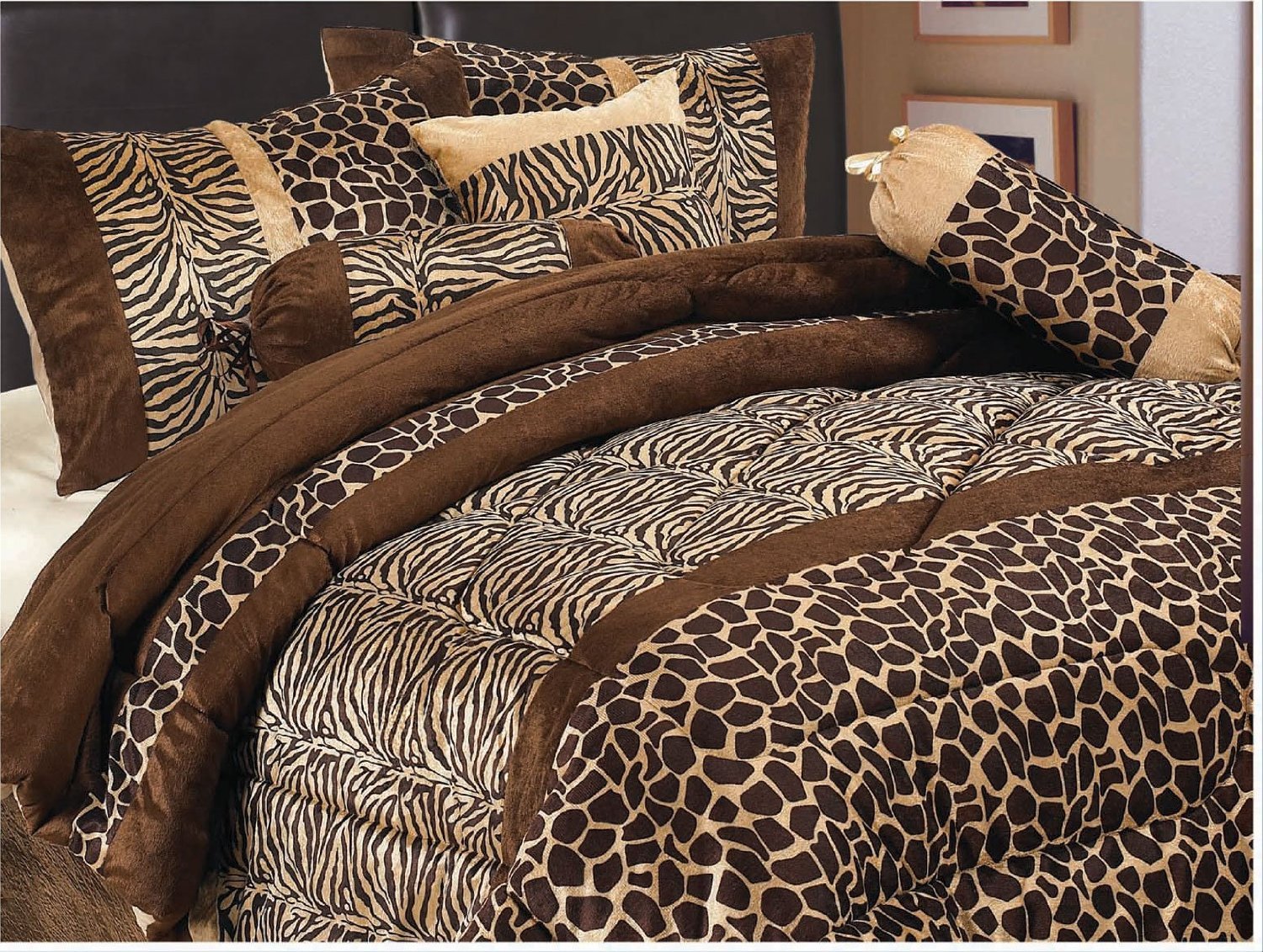 Grandlinen 7 Piece Brown (Double) Full Size Safari Bed In A Bag Animal Print Zebra, Giraffe Comforter Set Microfur Bedding. Perf