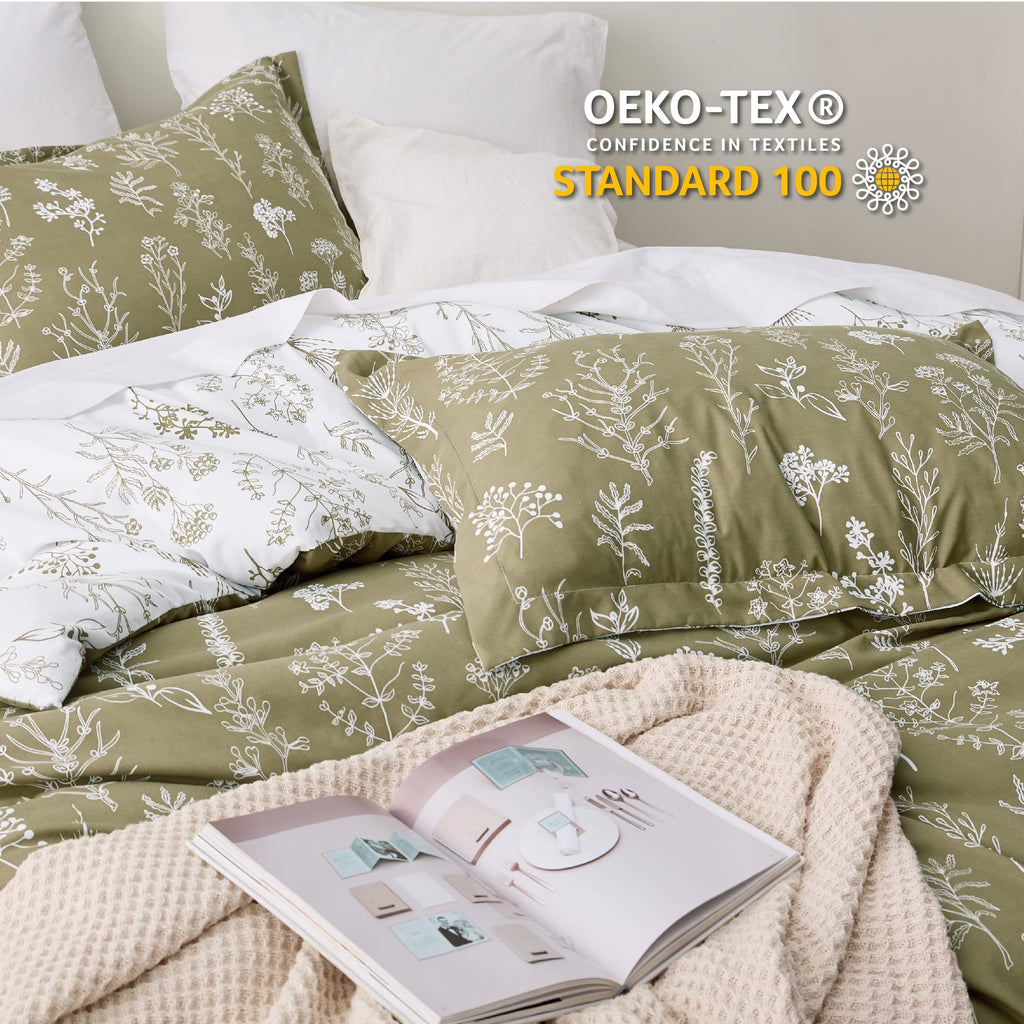Bedsure Queen Comforter Set - Olive Green Comforter, Cute Floral Bedding Comforter Sets, Gifts For Woman, 3 Pieces, 1 Soft Rever