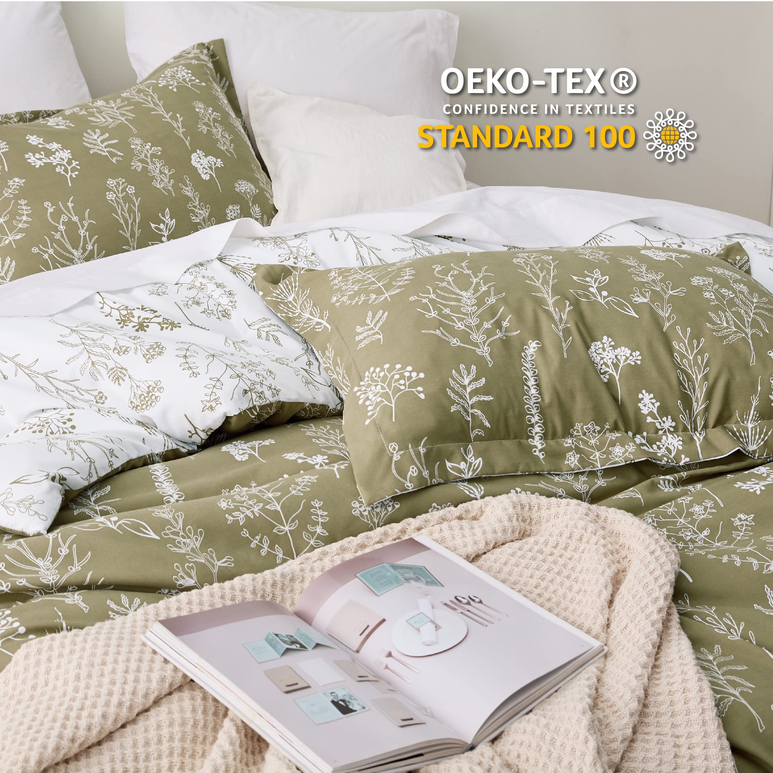 Bedsure Queen Comforter Set - Olive Green Comforter, Cute Floral Bedding Comforter Sets, Gifts For Woman, 3 Pieces, 1 Soft Rever