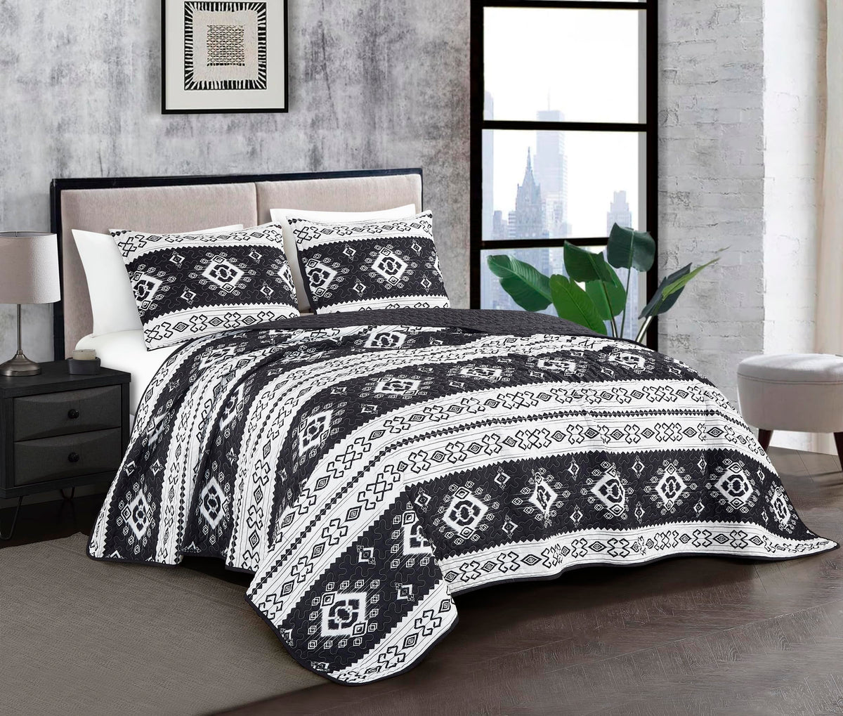 Chezmoi Collection Indie 3-Piece Southwestern Aztec Quilt Set - Black White Geometric Symbols Printed Microfiber Lightweight Qui