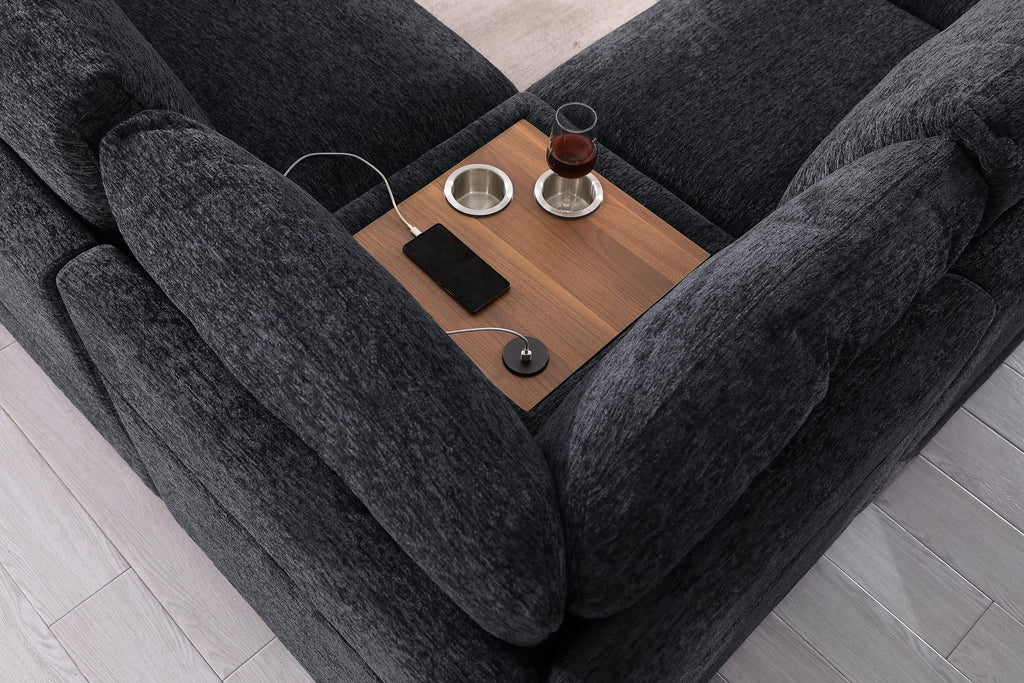 Lilola Home Celine Beige Chenille Fabric Corner Sectional Sofa with Right-Facing Chaise, Cupholders, and Charging Ports