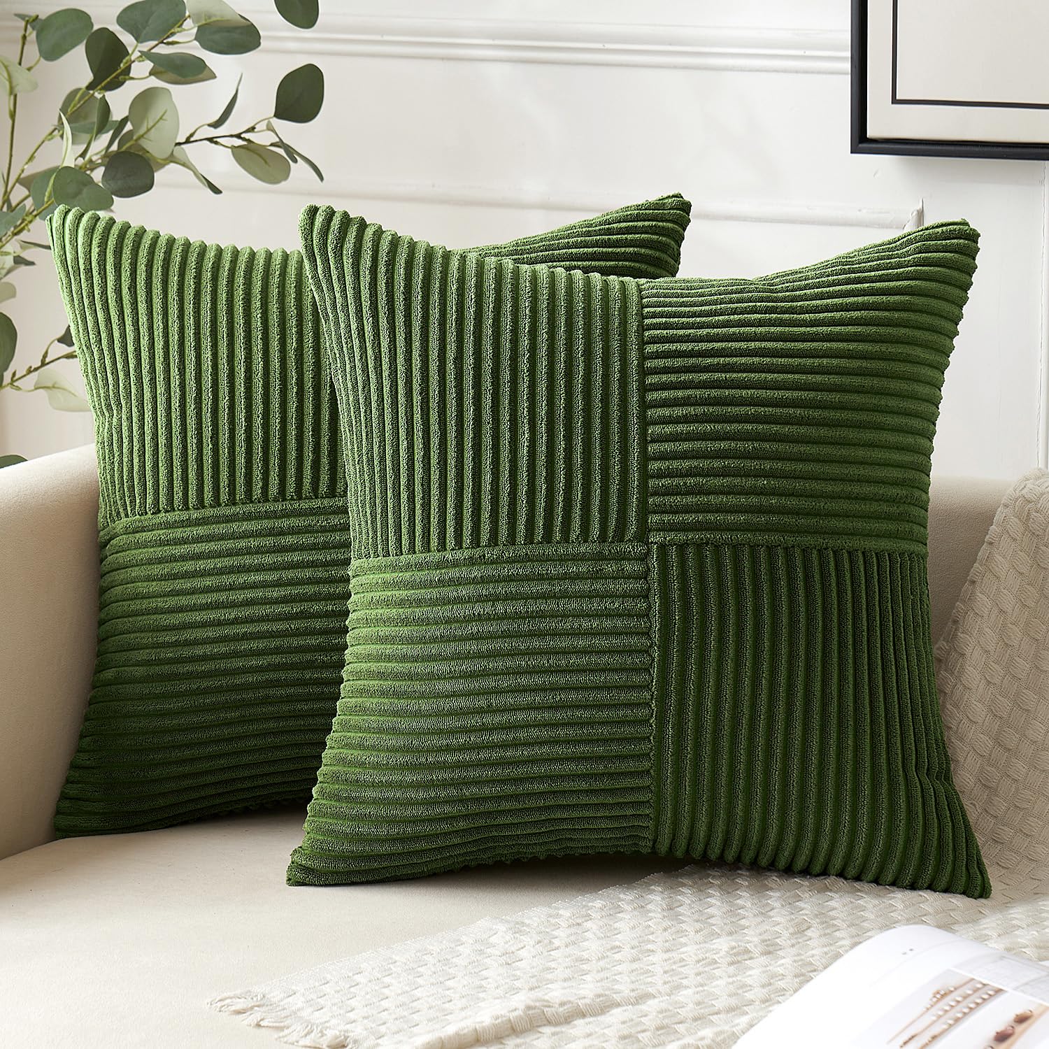Anroduo Pack Of 2 Forest Green Spring Pillow Covers 18X18 Inch Boho Decorative Spliced Throw Pillow Covers Soft Couch Pillowcase