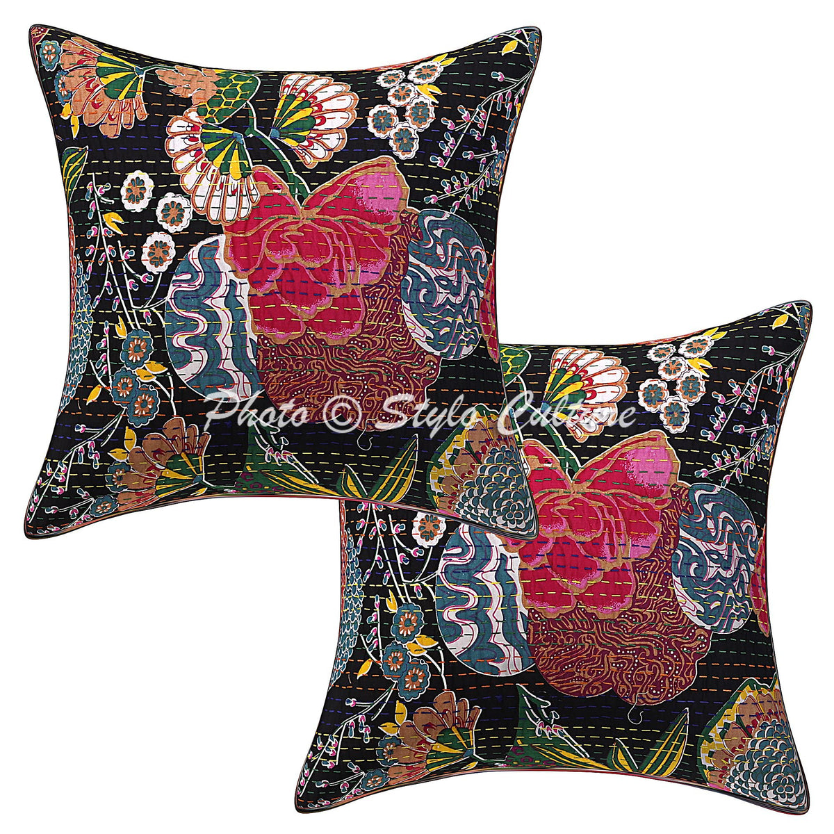 Stylo Culture Decorative Cotton Cushion Covers 16X16 Inch Kantha Embroidered Black Living Room Decor Tropicana Traditional Squar