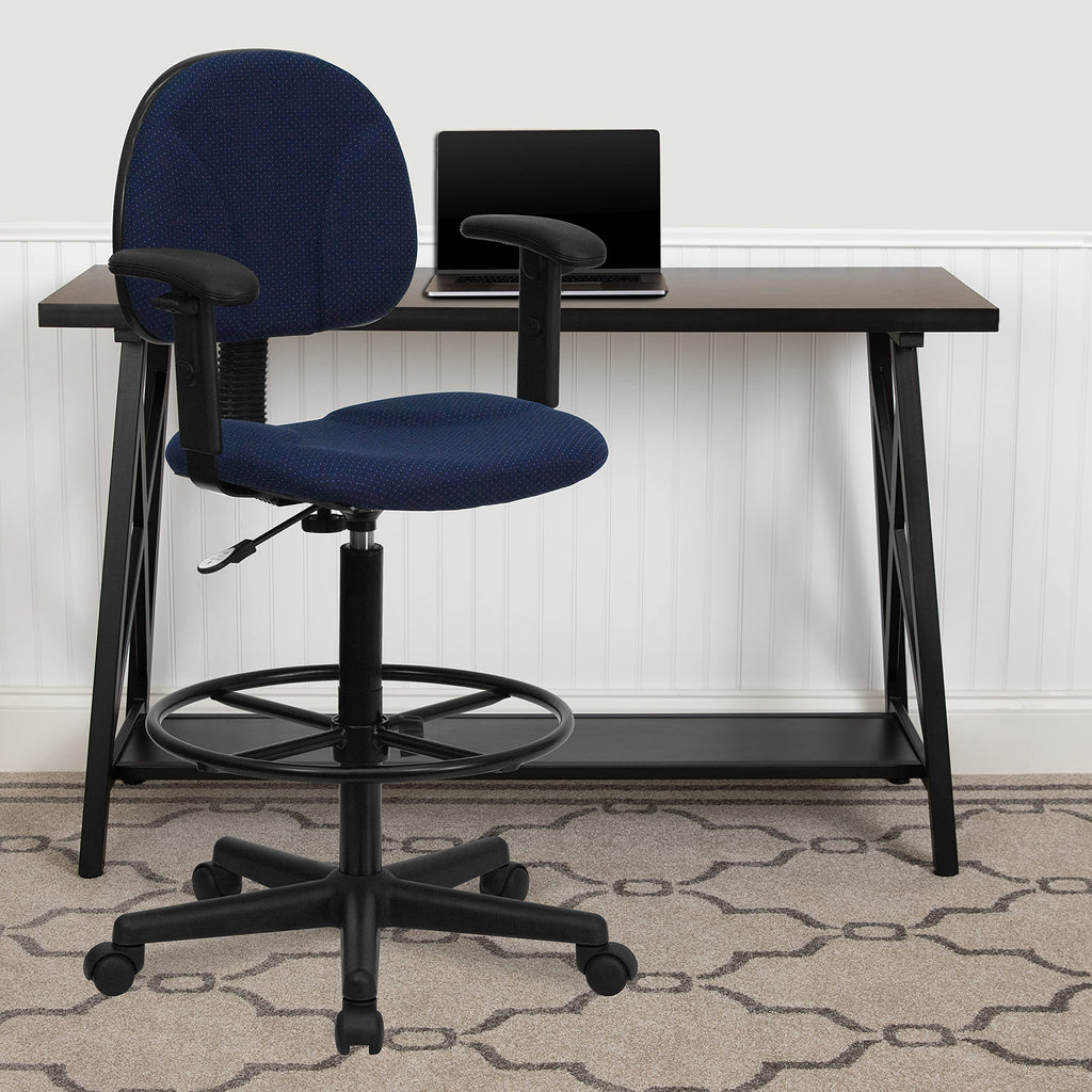 Flash Furniture Bruce Navy Blue Patterned Fabric Drafting Chair with Adjustable Arms (Cylinders: 22.5''-27''H or 26''-30.5''H)
