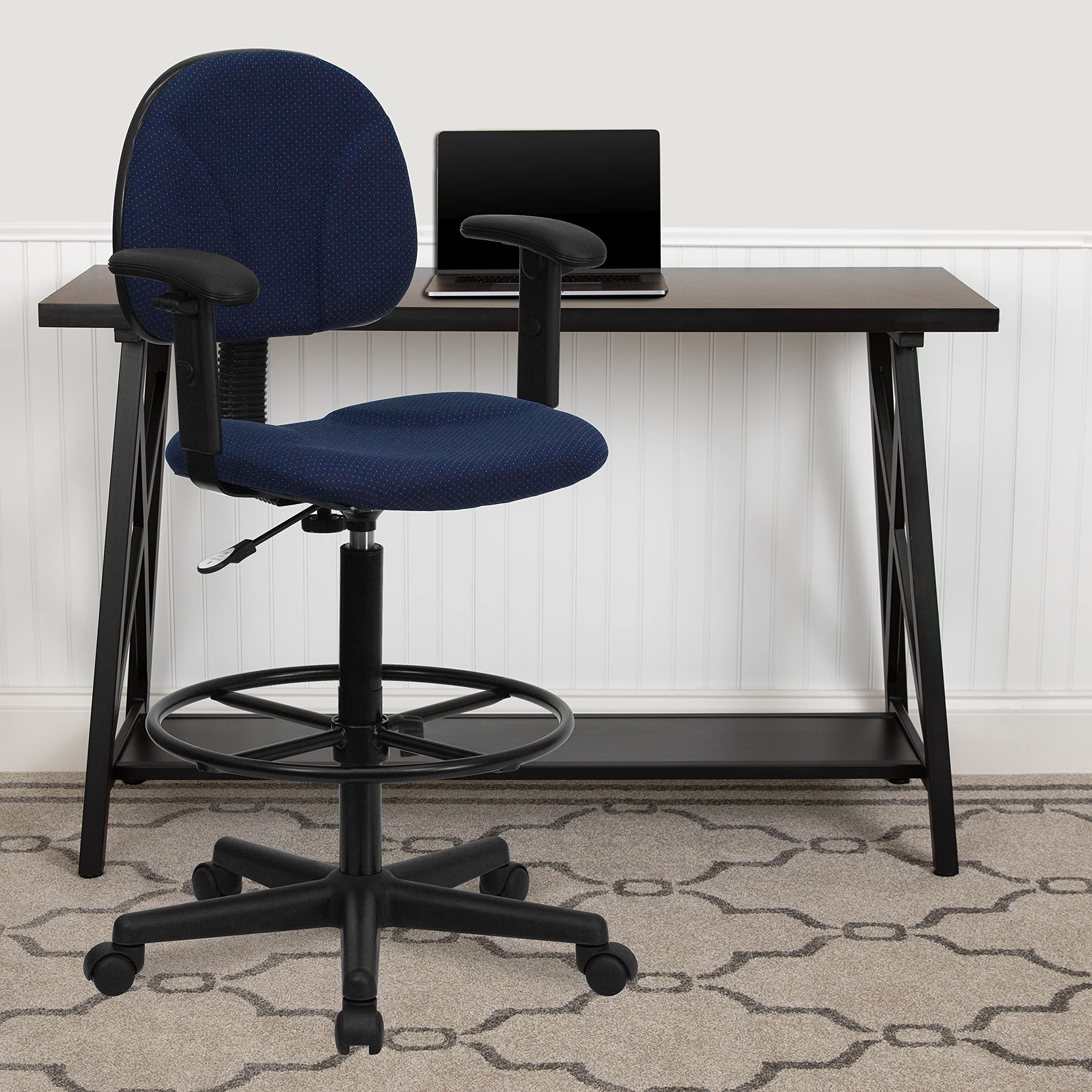 Flash Furniture Bruce Navy Blue Patterned Fabric Drafting Chair with Adjustable Arms (Cylinders: 22.5''-27''H or 26''-30.5''H)