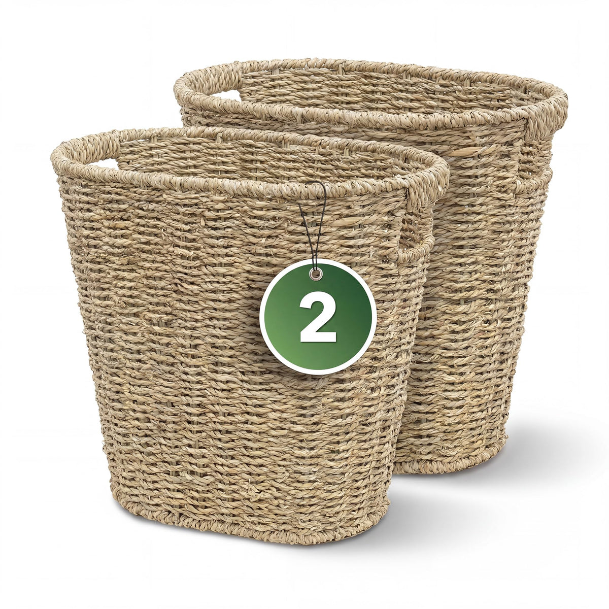 iEGrow 2 Pack Wicker Trash Can, Wicker Waste Basket for Bathroom, Woven Seagrass Wicker Boho Garbage Can Builtin Handles for Be